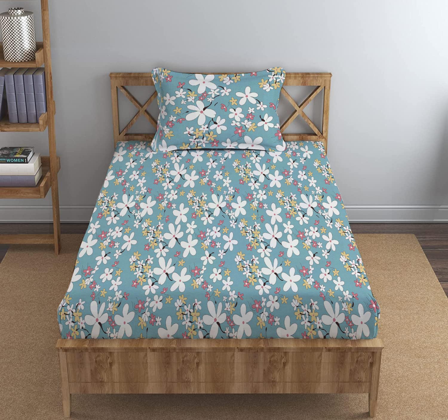 DECOMIZER Cotton Feel All Around Elastic Fitted Glace Printed Single Bed Bedsheet with 1 Large Pillow Cover Fits Upto Mattress of 6 Inches,Size - 42 x 75 x 8 Inches, Blue Flower