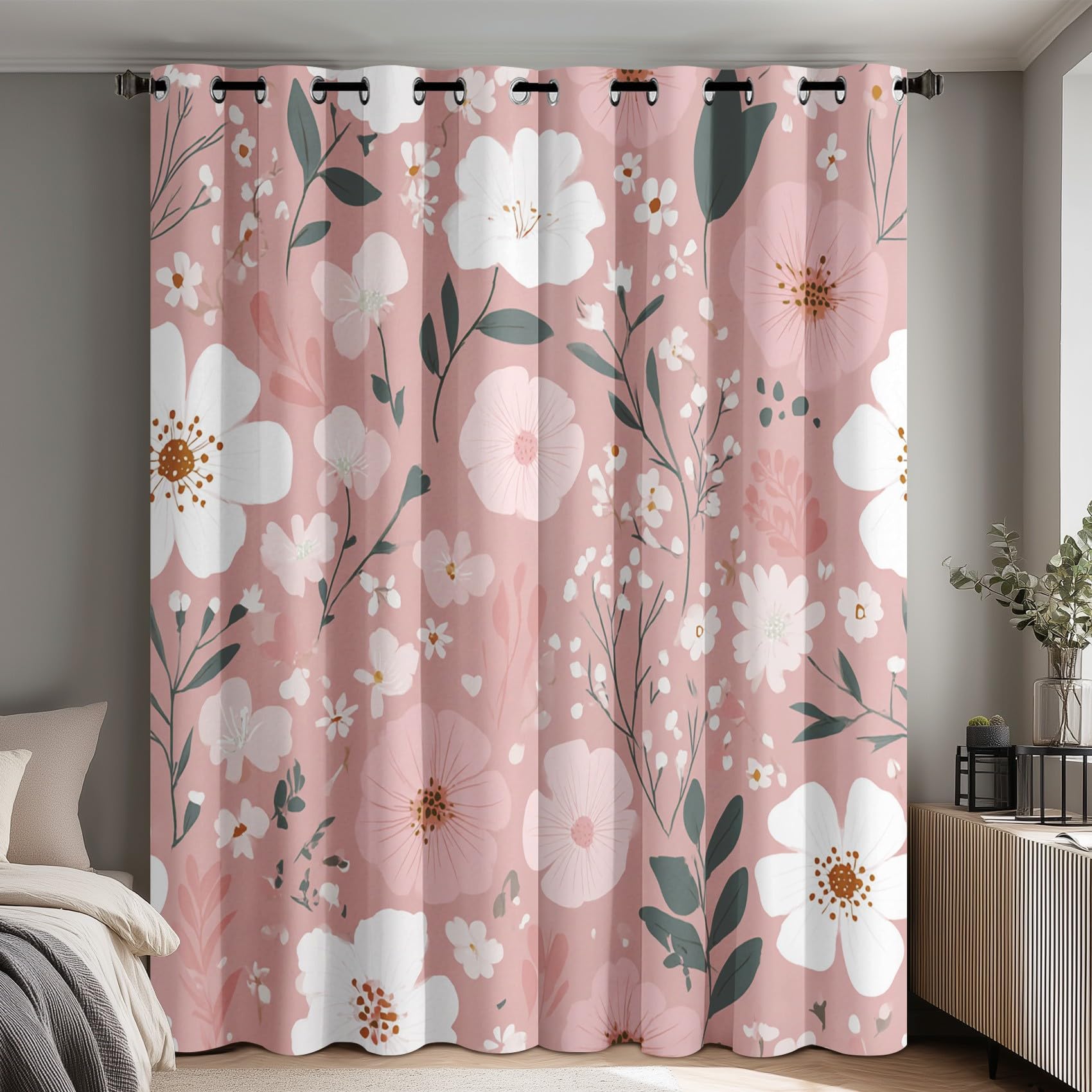 Generisch Rosa Weiße Blumen Vorhang Blickdicht, 95% Blickdichte Vorhänge Botanische Blumen, Verdunkelungsvorhang 137x117 2er Set, Schlafzimmer Wohnzimmer Gardinen mit Ösen Q-D27