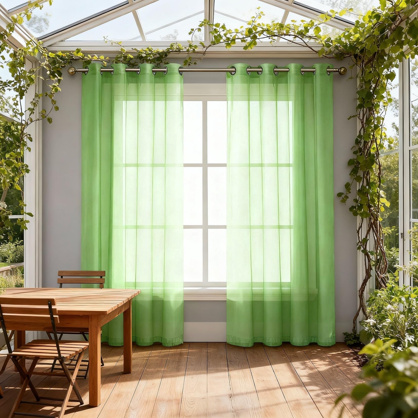 Rideaux voilages de salon vintage vert pour ambiance de terrasse et cuisine