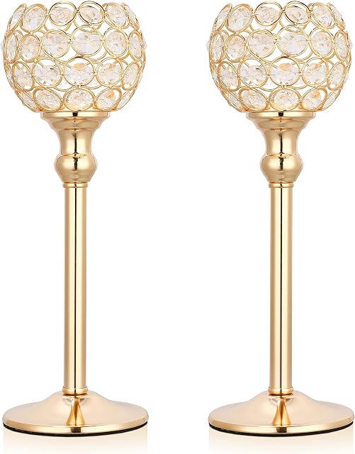 Perome 2 Pack Crystal Tea Light Candle Holders for Wedding Candlelight Dinner Vases, Gold, Anniversary Thanksgiving Gifts, for Decorative Home Accessories (30cm)