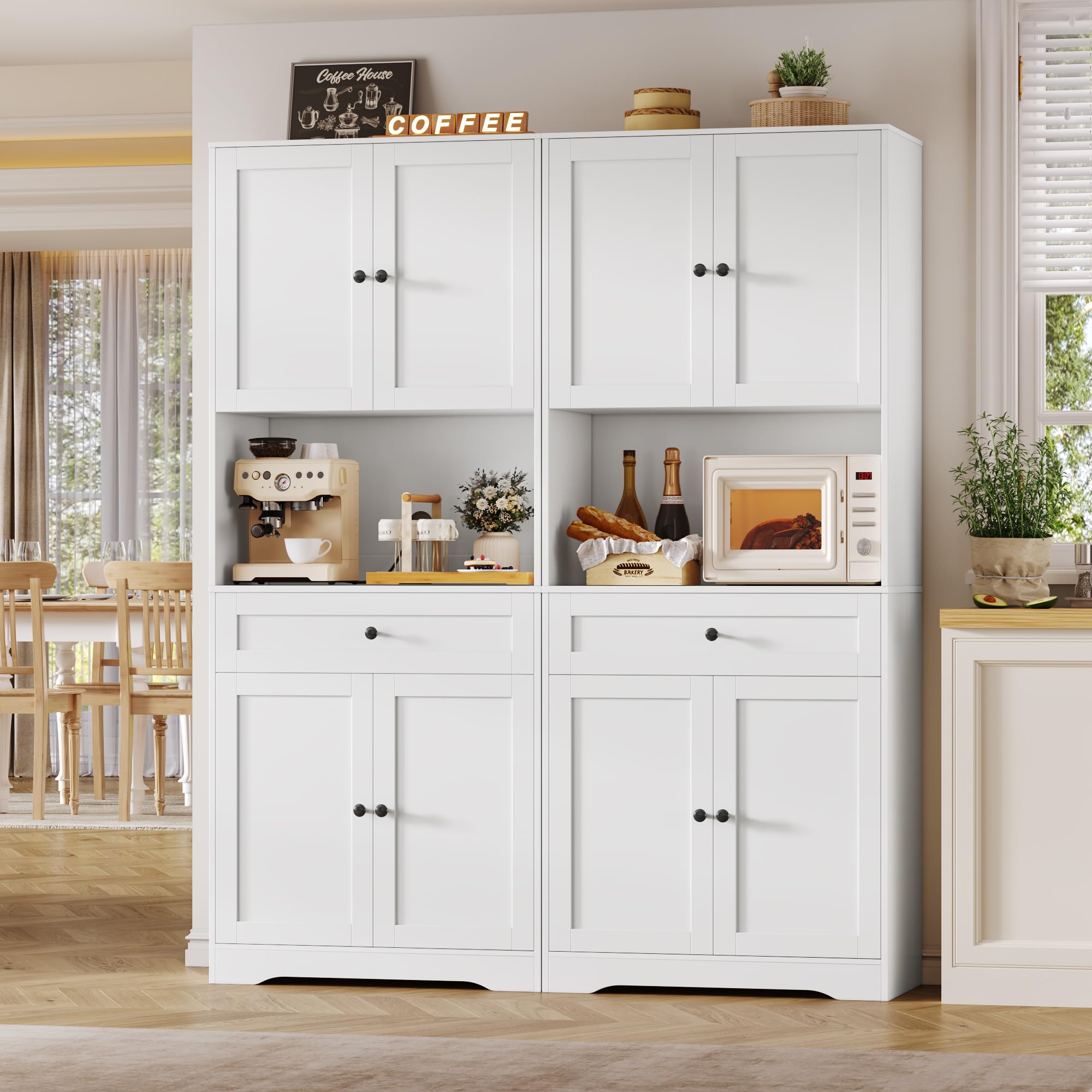 FOREHILL Alacena de Cocina 180cm Aparador Comedor Mueble Auxiliar de Cocina Armario Almacenaje Armario Despensa Cocina, 4 Puertas, 1 Cajón, Estantes Ajustables, para Comedor, Baño (Blanco) 40x75x180cm