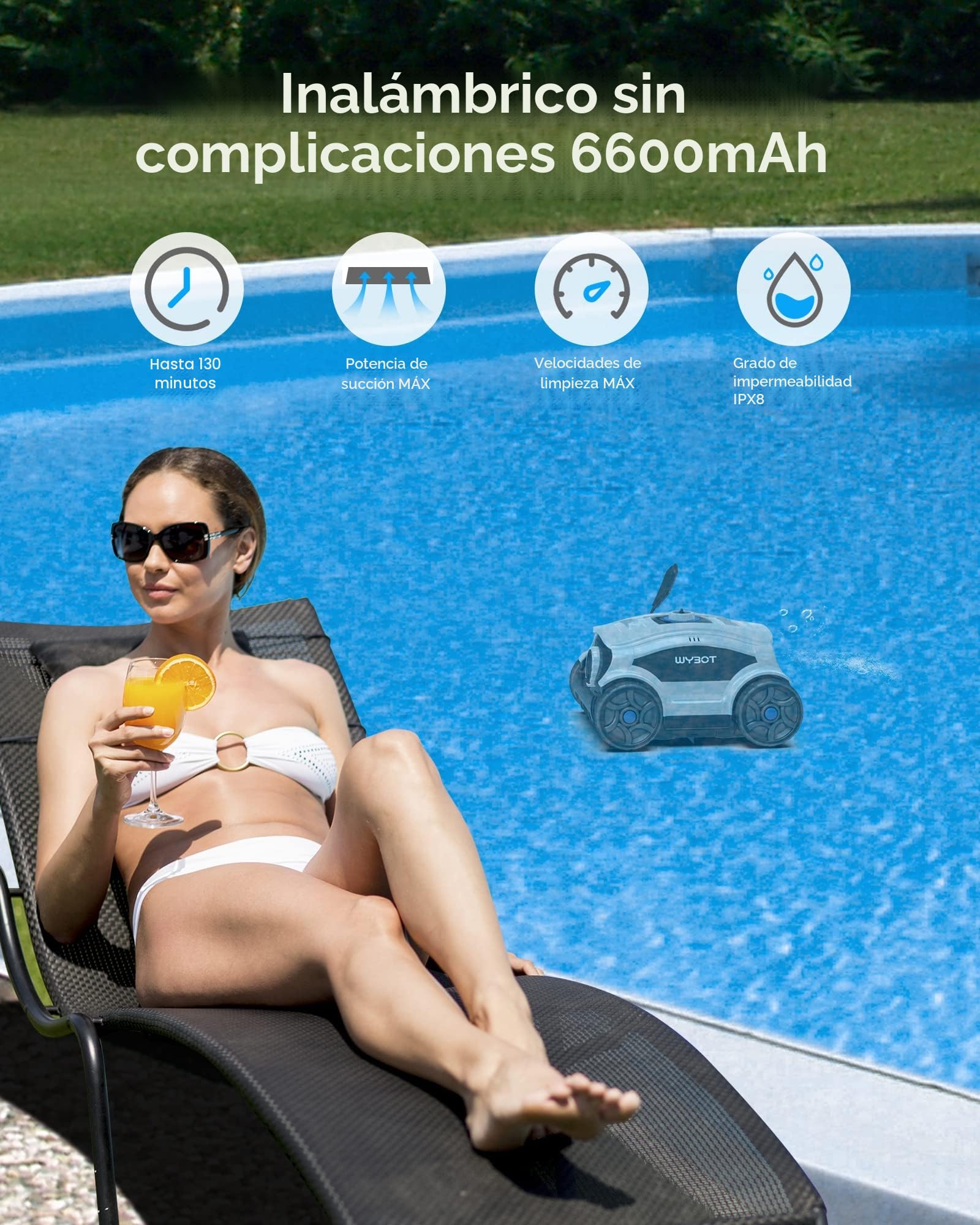 WYBOT Robot limpiafondos Piscina sin Cable, 130 Minutos hasta 100㎡ Robot Piscina sin Cable Aspirador Piscinas con 2 Motores, Cepillo Grande y Aberturas de succión, Boquilla Ajustable