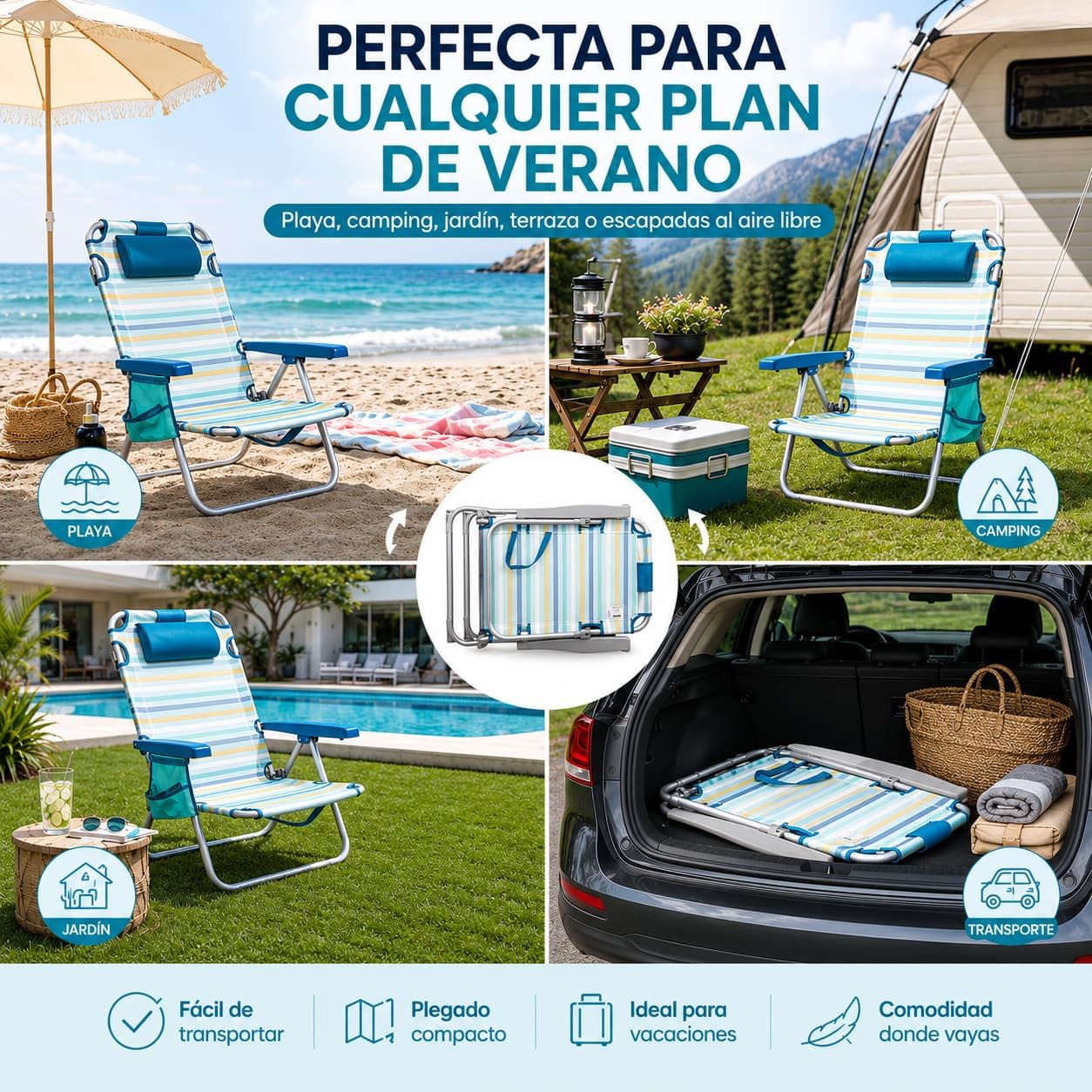 Silla Playa Plegable multiposición - con reposacabezas, Almohadilla y Bolso Lateral - Estructura de Aluminio Ligera y Tela Transpirable - Asas de Mano integradas