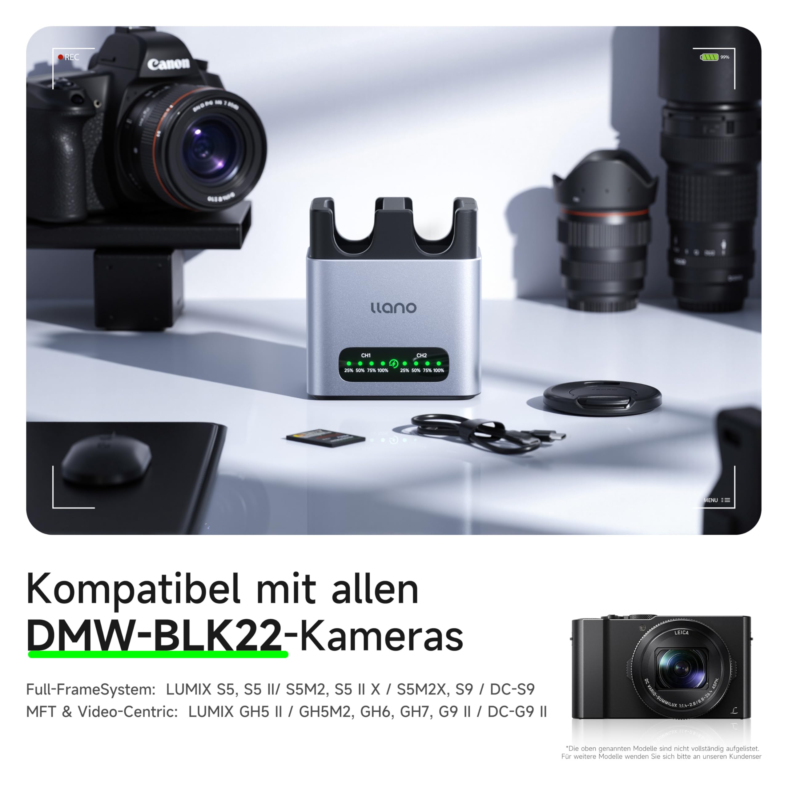 llano DMW-BLK22 20W PD Schnellladegerät für Panasonic Lumix GH5 GH5II GH6 GH7 S5 S5II S5IIX S9 G9II, Dual USB-C Ladebox mit CNC Aluminiumgehäuse & LED-Anzeige (CM2 Serie)