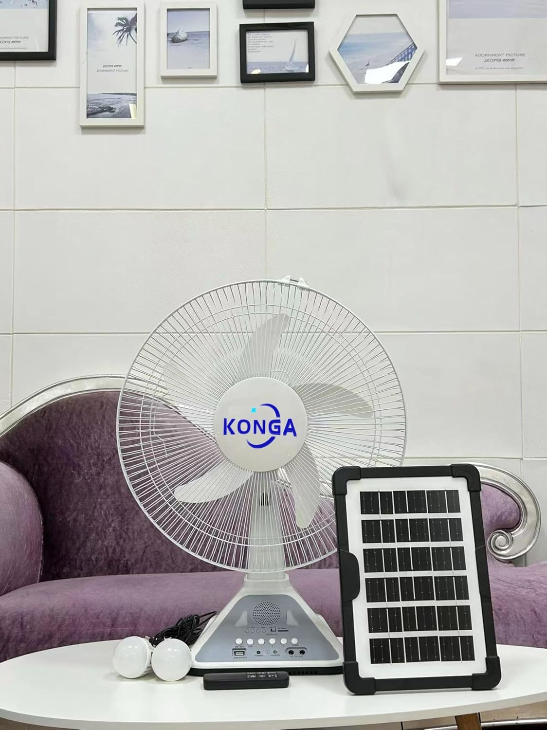 16 Inch Rechargeable Solar Fan, Desktop, Wall, Dual Purpose, with Night Light, Impact Resistant Plastic, Metal Grill