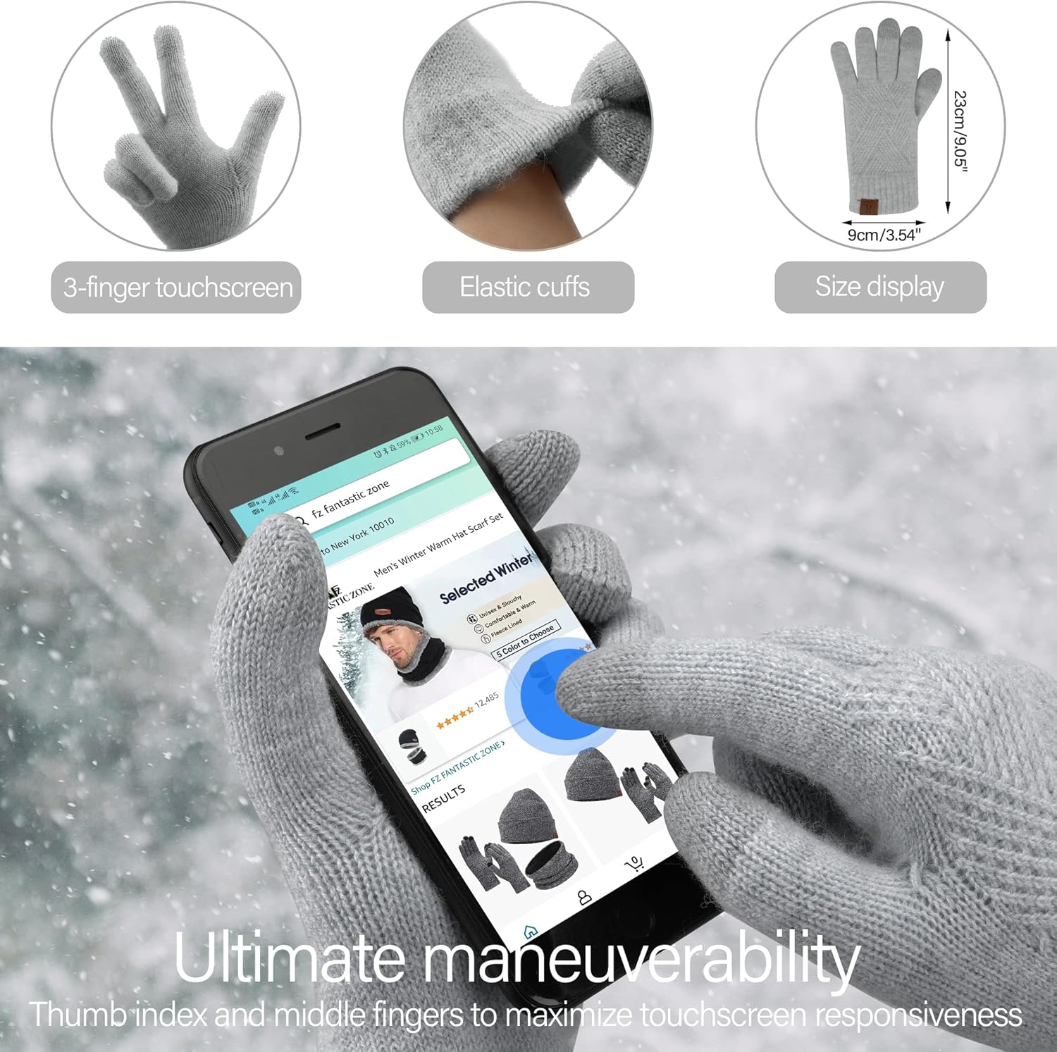 Womens Winter Warm Knit Beanie Hat Long Scarf Touchscreen Gloves Set with Fleece Lined Pom Skull Cap Gifts for Women - Image 3