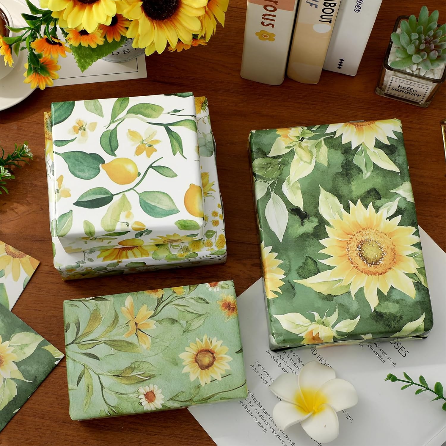 Whaline 8 Pcs Sunflower Wrapping Paper -Not Roll- Green Yellow Watercolor Floral Gift Wrap Paper Folded Flat for Wedding Birthday Holiday Party DIY Craft, 19.7 x 27.6 Inch