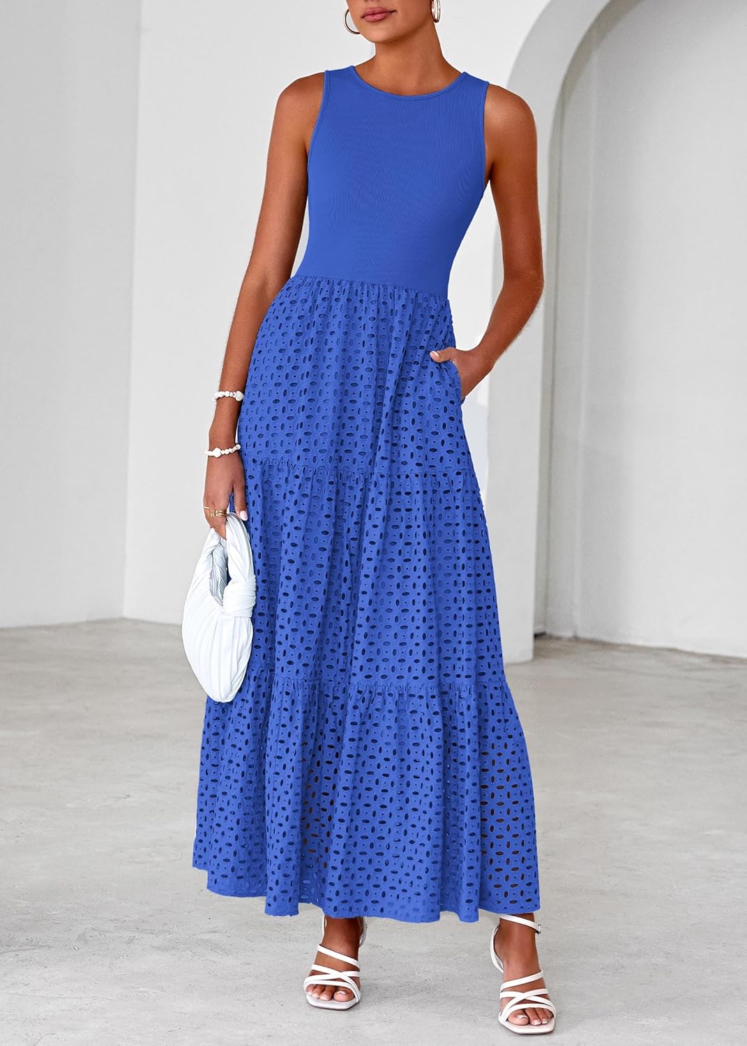 Lazysmile Womens Summer Dresses Crewneck Sleeveless A-Line Hollow Out Eyelet Tiered Tank Maxi Dress Sundress with Pockets