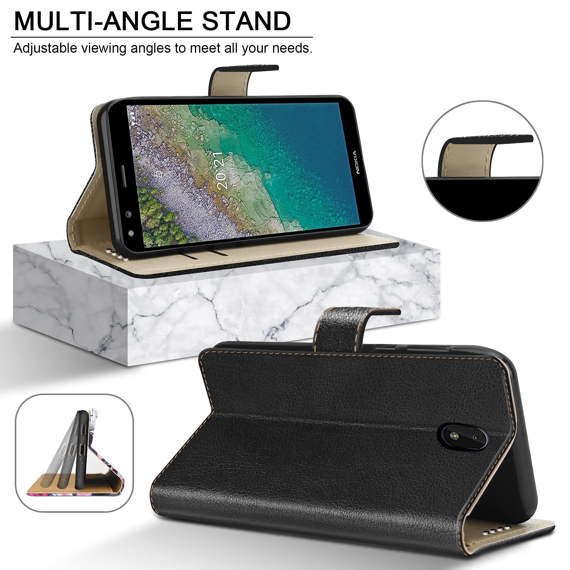 TUUNKMUY Custodia per Nokia C02 Custodia a portafoglio, in pelle PU di alta qualità con chiusura magnetica Cavalletto Slot porta carte con cinturino da polso TPU antiurto Flip Cover per Nokia C02