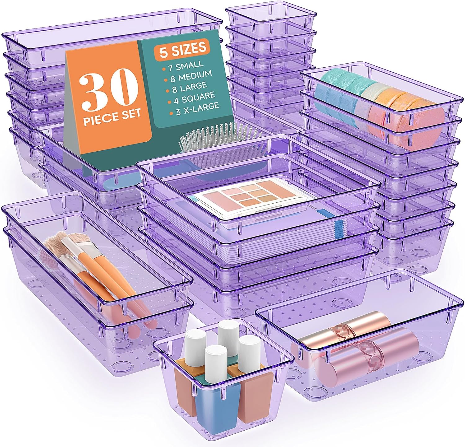 WOWBOX 30 PCS Clear Plastic Drawer Organizer Set, 5 Sizes Desk Drawer Divider Organizers and Storage Bins for Makeup, Jewelry, Gadgets for Kitchen, Bedroom, Bathroom, Office, Purple