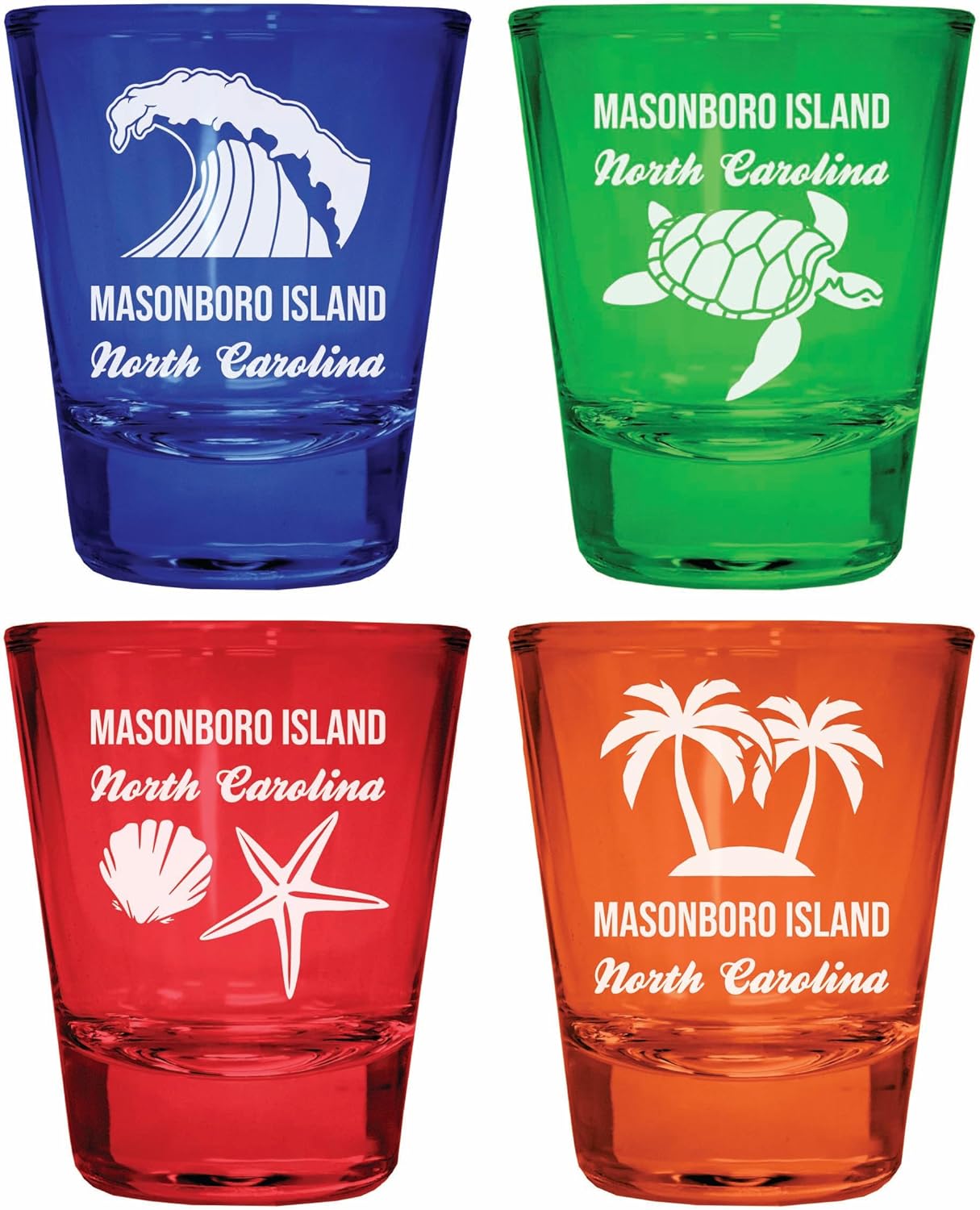 Juego de 4 Vasos Shot Grabados Multicolor Souvenir de Playa