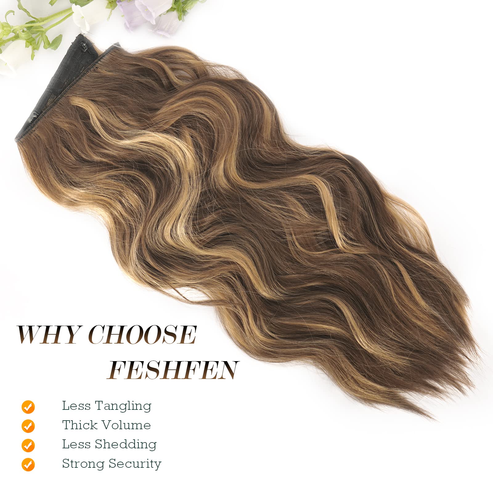 FESHFEN Extensiones Hilo Invisible Largo Ondulado Rizado Secret Extensión Invisible de Pelo sin Clips Sintética Postizos para Mujer, Rubio Miel Mixto Castaño Claro 50 cm