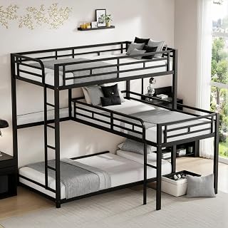 Triple Bunk Bed with Built-in Ladder and Full-Length Guardrails for 3 Kids,Metal L-Shaped Bunk Bed,Space Saving Design, No Box Spring Needed, Black