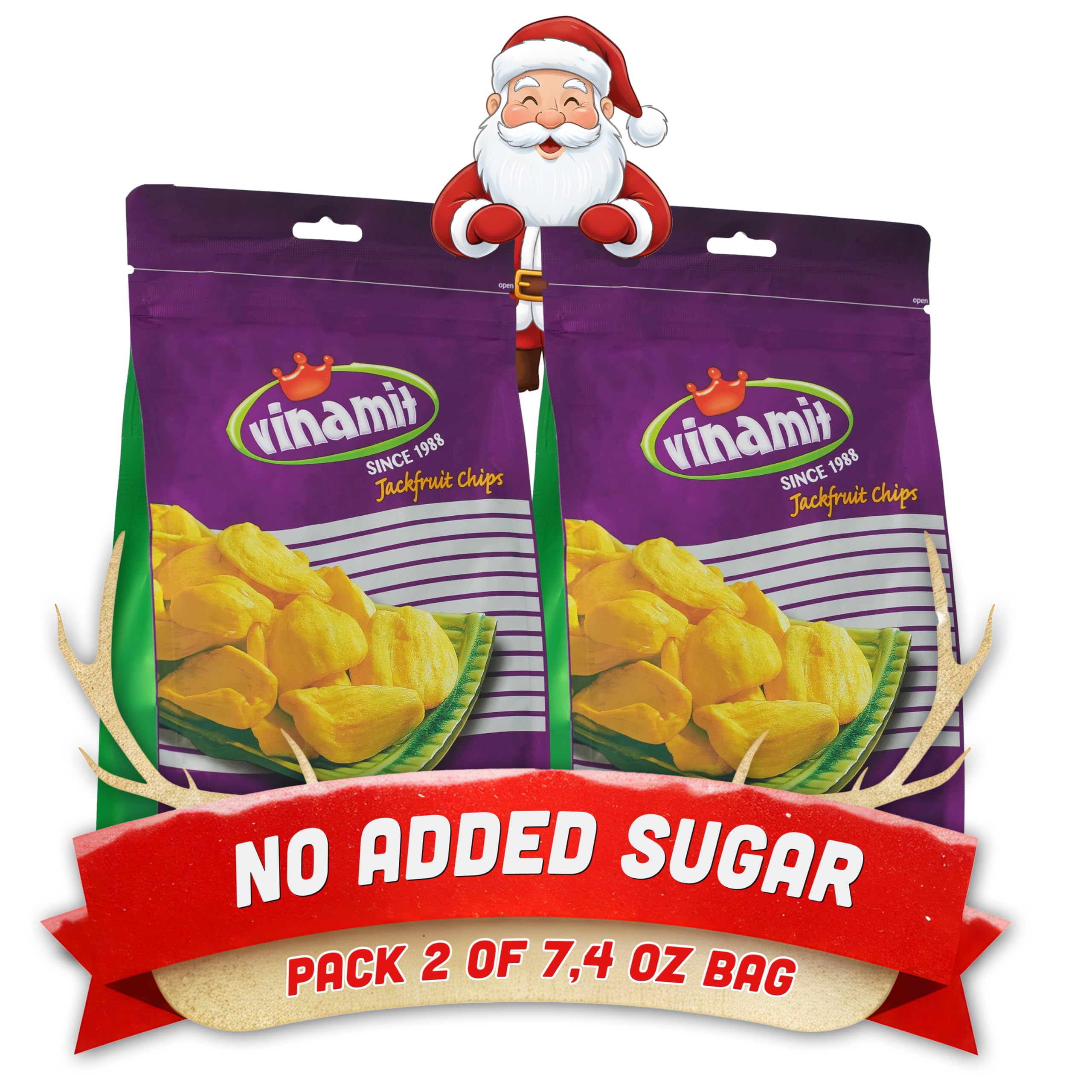 Vinamit Dried Jackfruit Chips | Vacuum Fried Dried Jackfruit | Pack 2 of 7.4 oz Bag | Naturally Sweet & Crispy | Gluten-Free, Vegan, Non GMO | Christmas Treats & Stocking Stuffers Men or Women