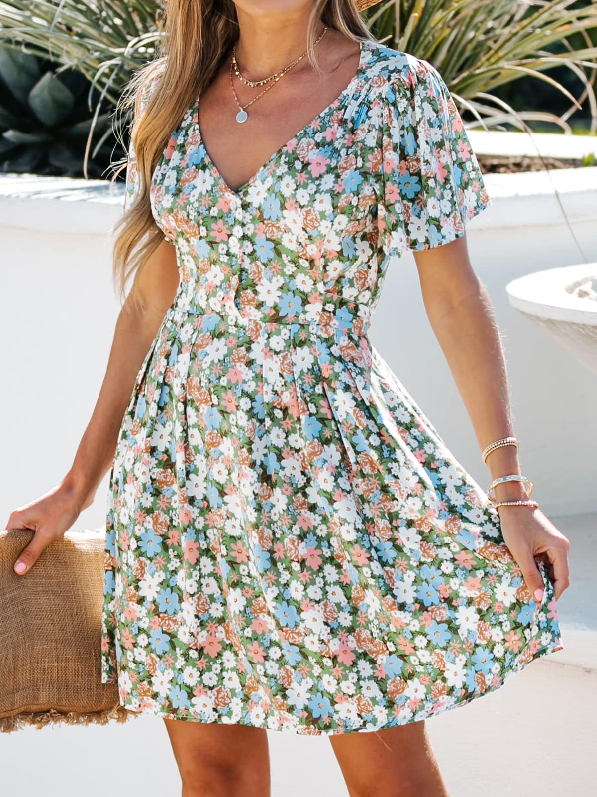 CUPSHE Damen Kleid V Ausschnitt Kurzarm Blümchenmuster Knöpfen Sommerkleid Freizeitkleid Strand Mini Dress