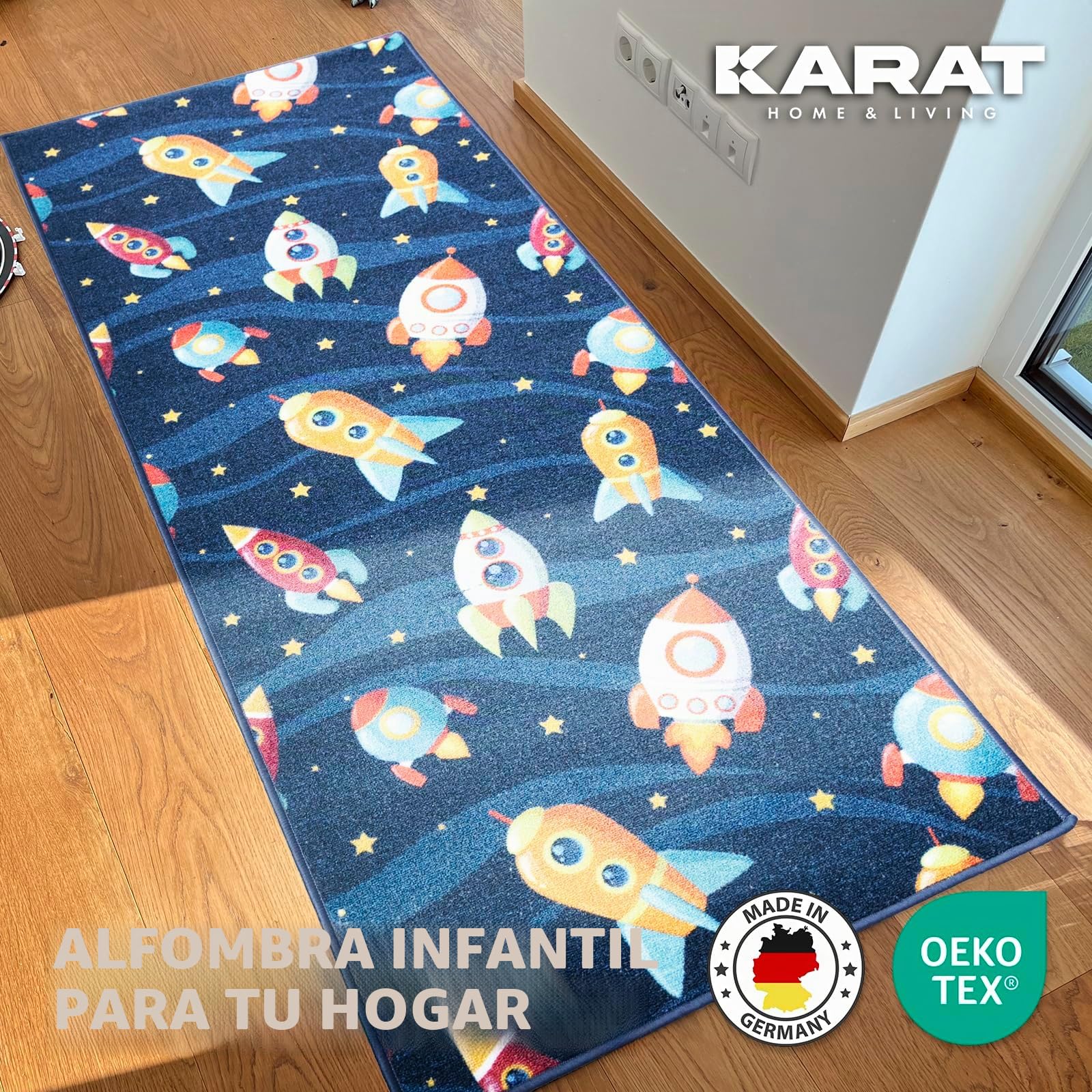 KARAT Alfombra infantil, para habitación y pasillo, antideslizante, resistente y fácil de cuidar, 80 x 200 cm, azul (lindos cohets)