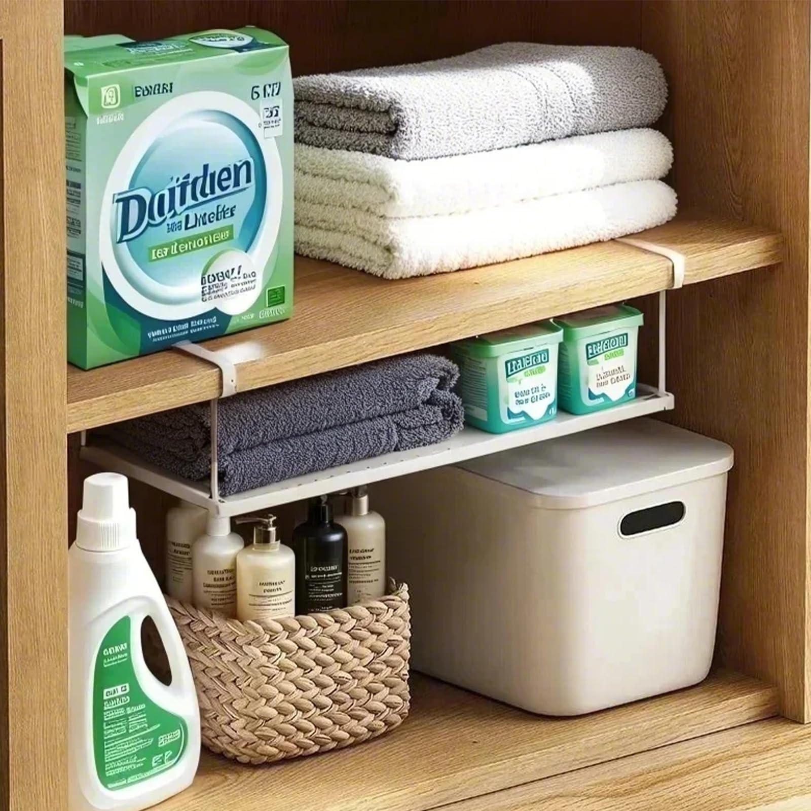 Cestello Sottoripiano Estensibile in Metallo, Organizzatore Sospeso senza Forature per Cucina, Ufficio, Dispensa e Armadio, Standard, Bianco