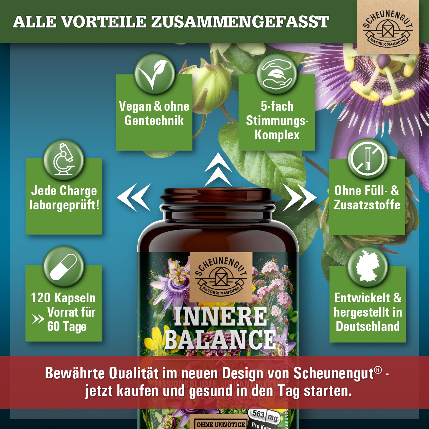 INNERE BALANCE® Passionsblume Johanniskraut Baldrian Hochdosiert -WICHTIG: Laborgeprüfter Markenkomplex mit Hypericin, Hyperforin, Folsäure +Vitamin B12 120 Kapseln DE SCHEUNENGUT®