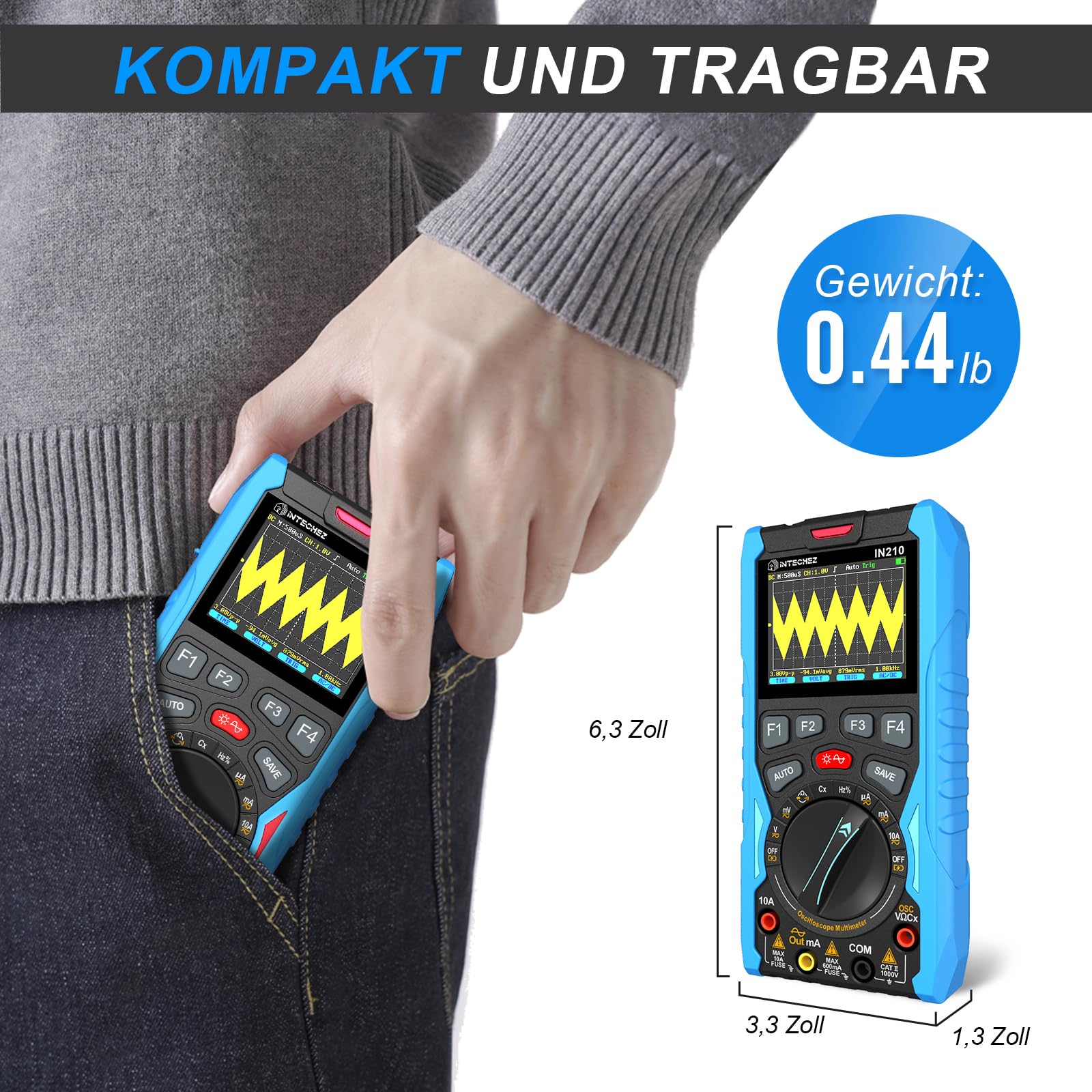 IN210 Digitales Oszilloskop-Multimeter – 12 MHz, 50 Msps, 6000 Counts, True RMS, Signalgenerator, 2,4"-Display, für Elektronikreparatur, Labor, DIY und Ausbildung