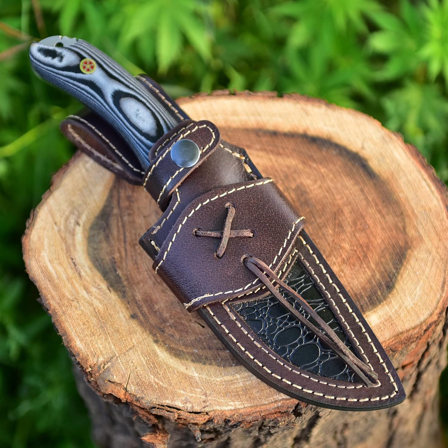 9.5" Overall Length Handmade Damascus Steel Fixed Blade Knife For Hunting, Skinning With Micarta Handle And Leather Sheath M-182