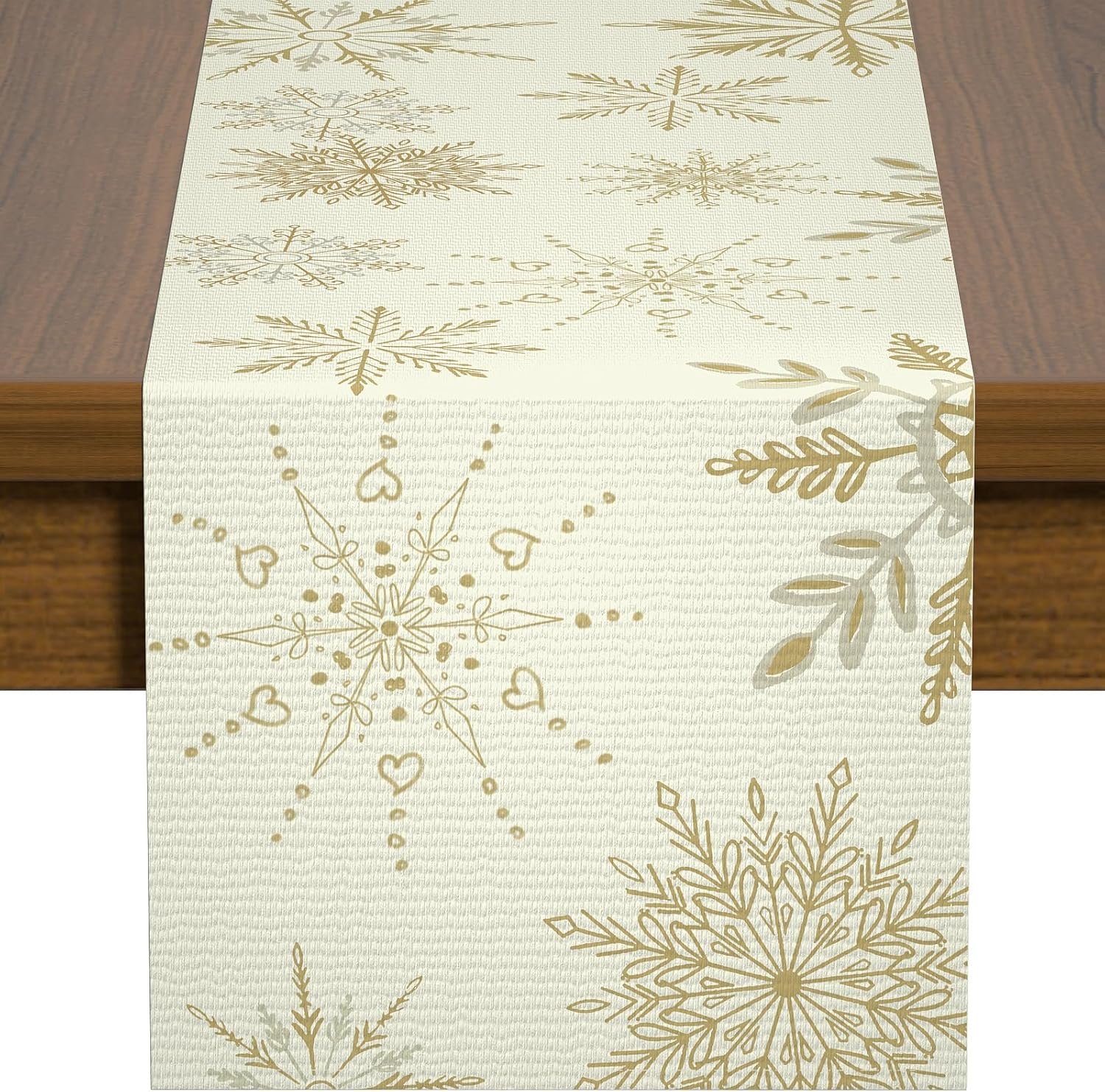 Winter Table Runner, White Gold Snowflake Christmas Table