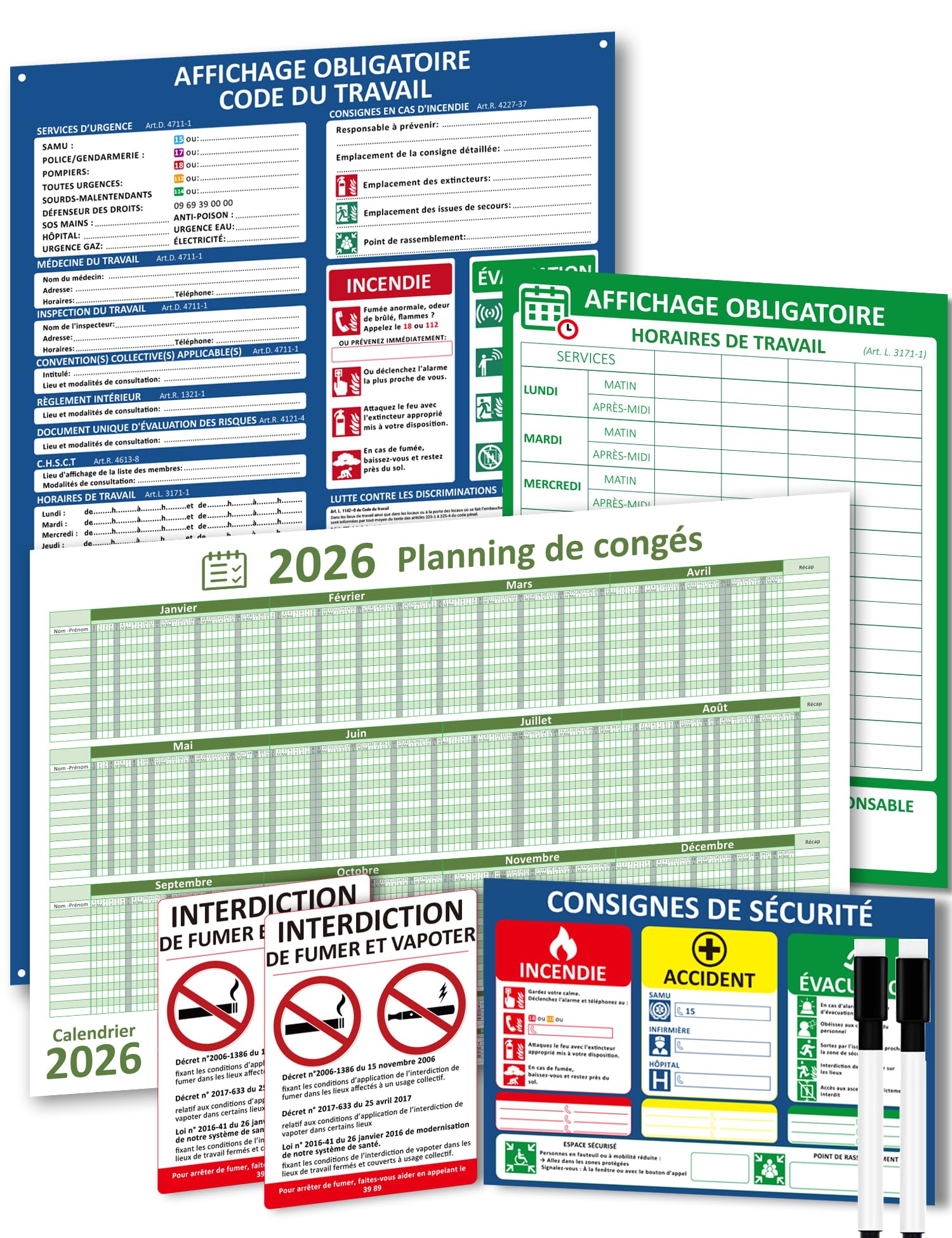 Affichage Obligatoire Entreprise 2026 Panneaux PVC Résistants avec Fixations Incluses – Horaires de Travail, Consignes de Sécurité, Code du Travail, Planning des Congés