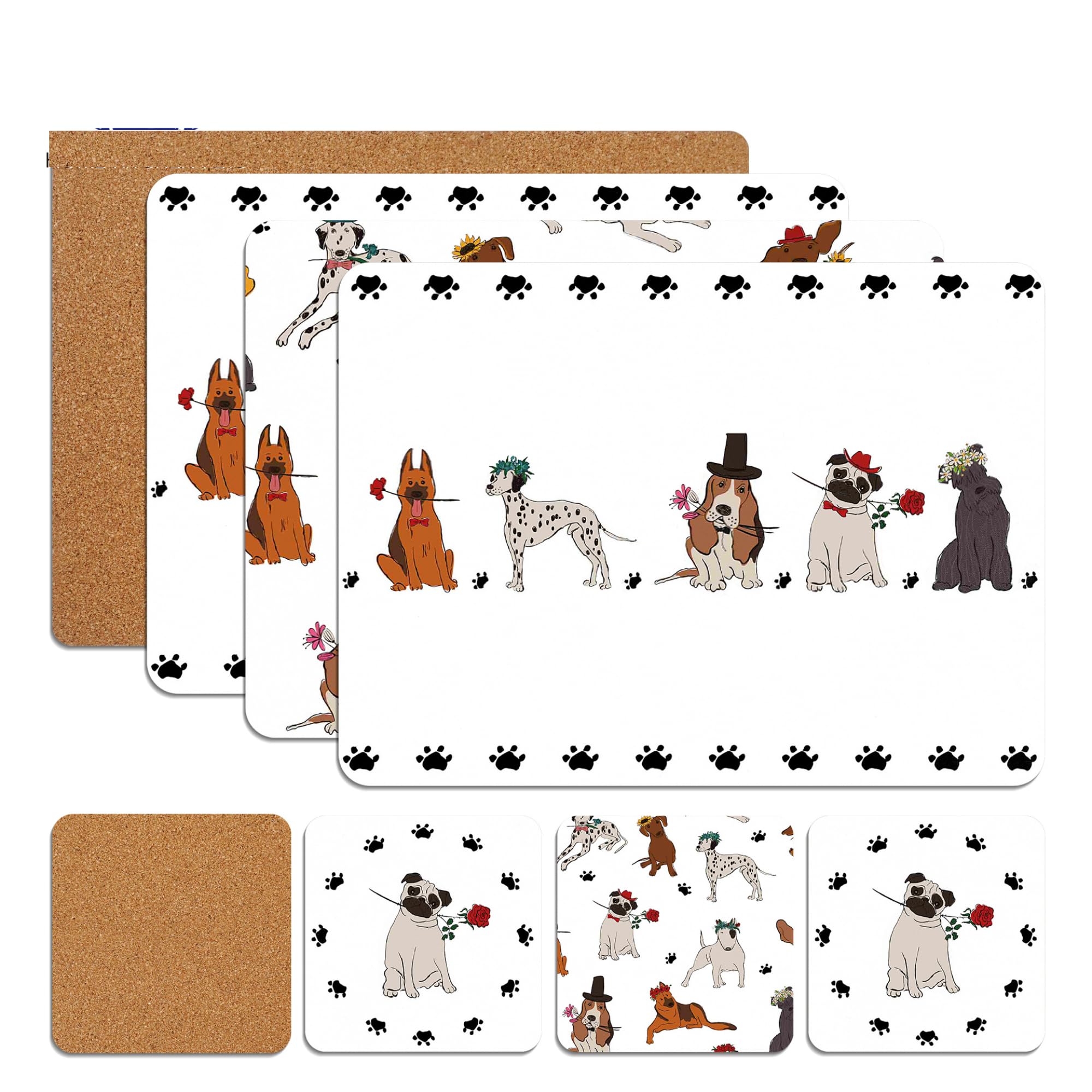 Sixsigma Sports Romantic Dogs Placemats & Coasters Set Heat Resistant Cork Placemats Table Mats For Dining Kitchen Place Mats Set Of 8 - Ideal Table Christmas Decorations 21.5 X 29Cm (Romantic Dogs)