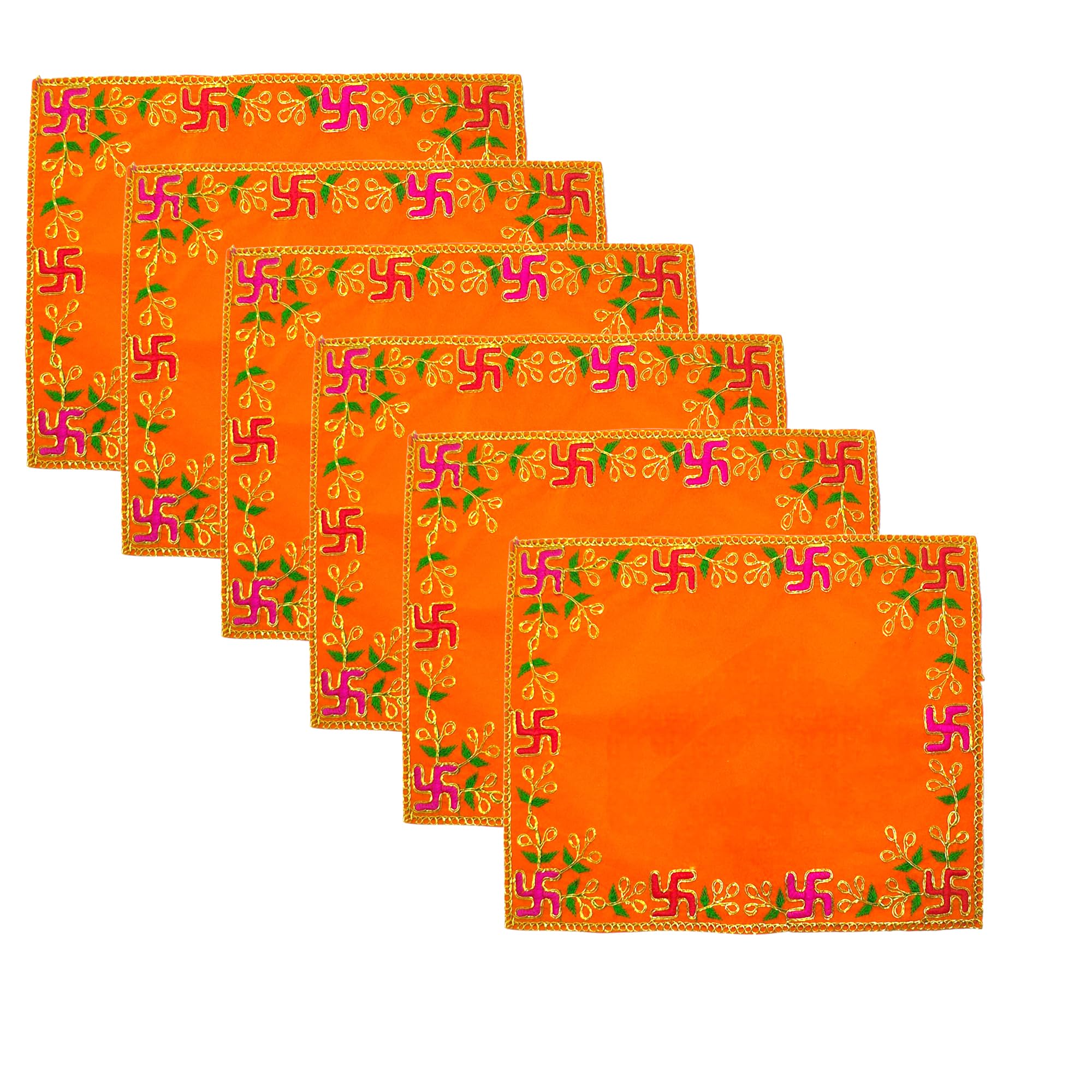 Achleshwar Designer Velvet Embroidered Pooja Aasan Cloth 4x6 inch Orange | Chowki Aasan for God Idol | Mandir Table Altar Cover for Temple, Puja Shelf, Diwali Decoration Pack 0f 6