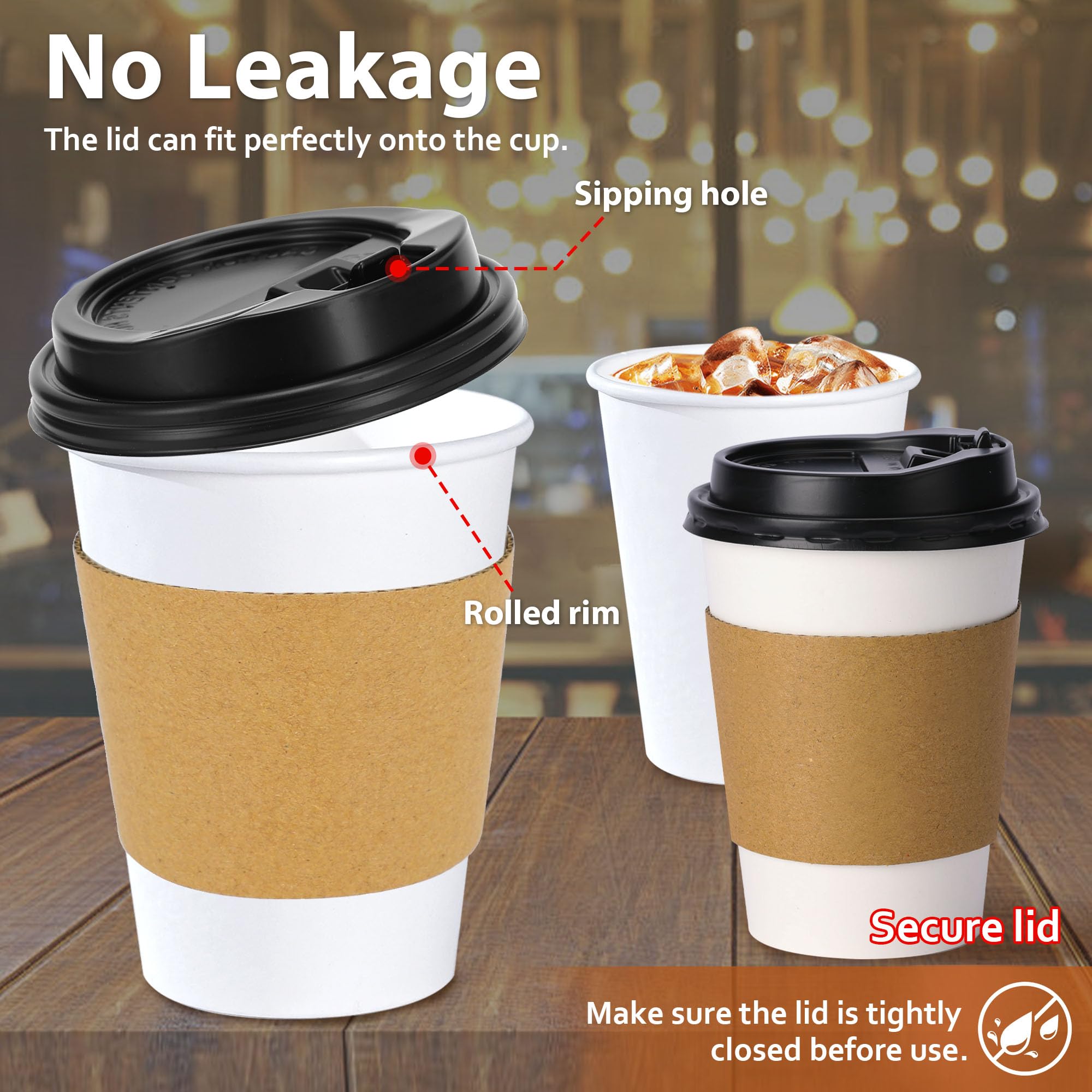 100 Pack 12 Oz Disposable Coffee Cups With Lids & Sleeves  Leak-Proof  Thick Paper Hot/Cold To-Go Cups (White) Vasos Desechables