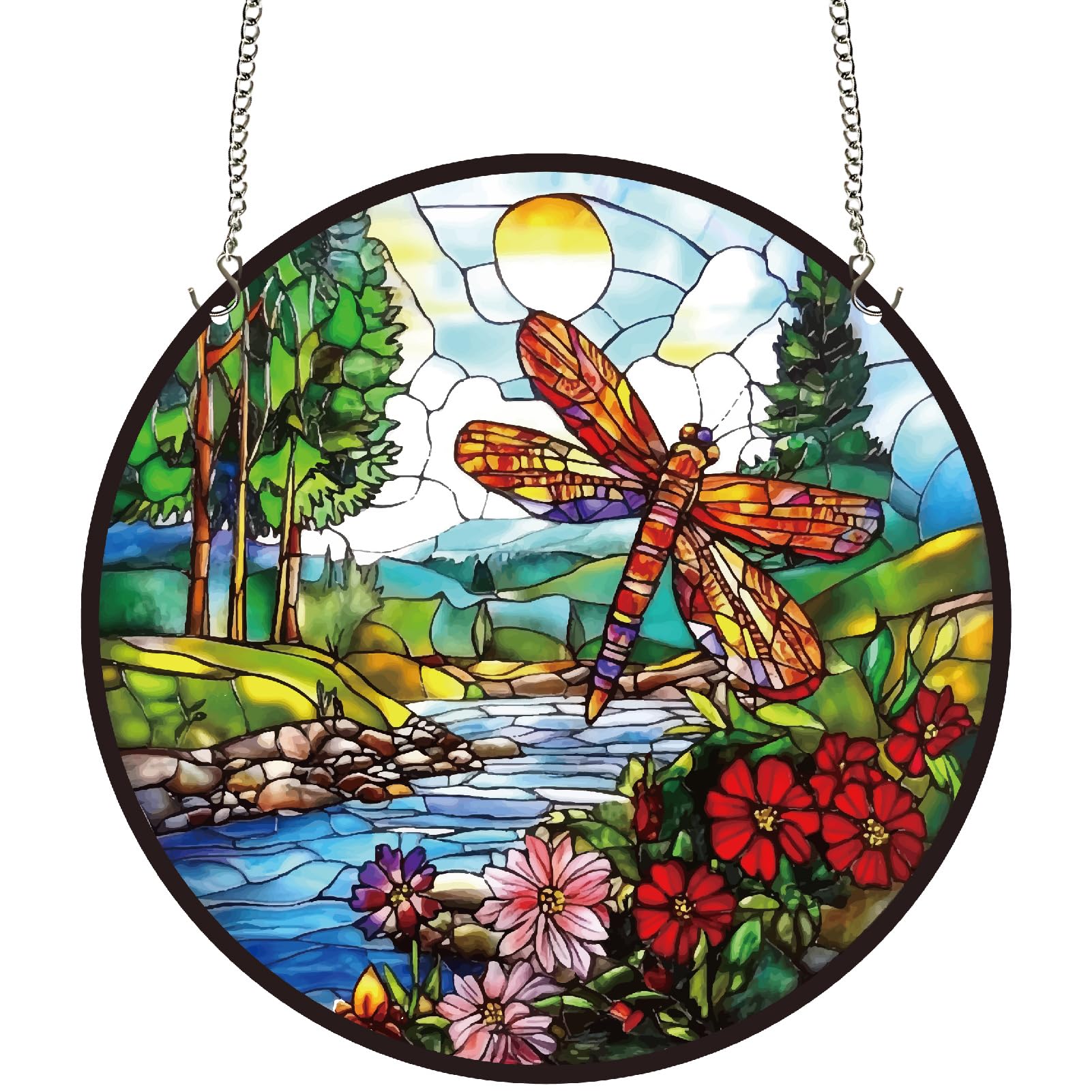 CREATCABIN Dragonfly Sun Catchers Round Acrylic Suncatchers Stained Rainbow Window Wall Arts Hanging Decorations with Metal Chains for Living Room Bedroom Home Garden Ornaments Decor 9.8 Inch