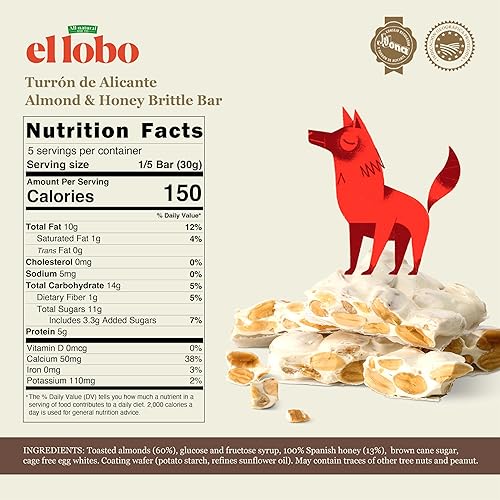 Miniatura 2 de El Lobo Turrón, Turrón de almendras duras españolas (Turron Duro) 150 g (5.3 oz) | Turrón tradicional de almendras españolas, hecho con almendras