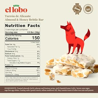 El Lobo Turron, Spanish Hard Almond Nougat (Turron Duro) 150 g (5.3 oz) | Traditional Spanish Almond Nougat, Made with Whole Almonds & Honey, Gluten Free.