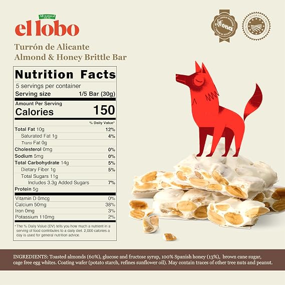 El Lobo Turron, Spanish Hard Almond Nougat (Turron Duro) 150 g (5.3 oz) | Traditional Spanish Almond Nougat, Made with Whole Almonds & Honey, Gluten Free.
