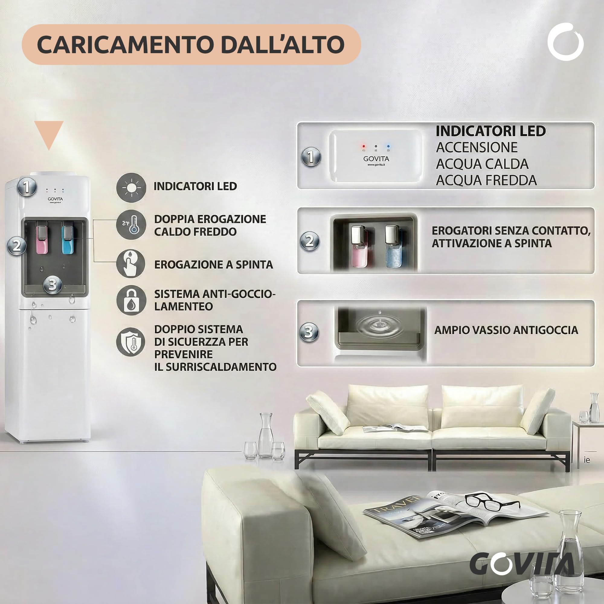GOVITA - Dispenser Acqua a Colonnina a Boccione 18L – Erogatore Acqua Fredda Calda e Ambiente con Compressore – Distributore Acqua Refrigerata per Casa e Ufficio - con portabicchieri