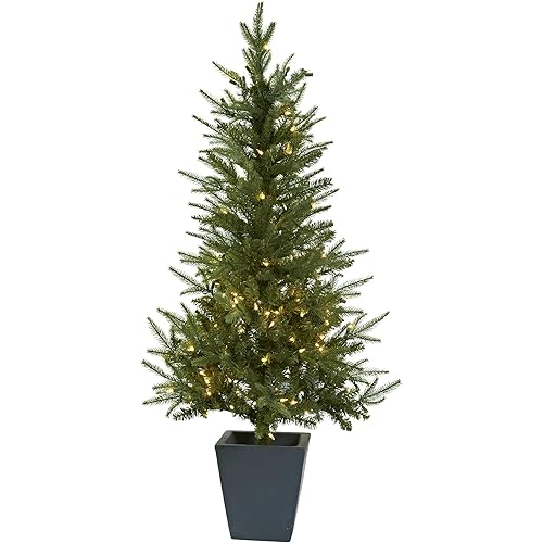Nearly Natural 5443 Christmas Tree with Clear Lights and Decorative Planter, 4.5-Feet, Green