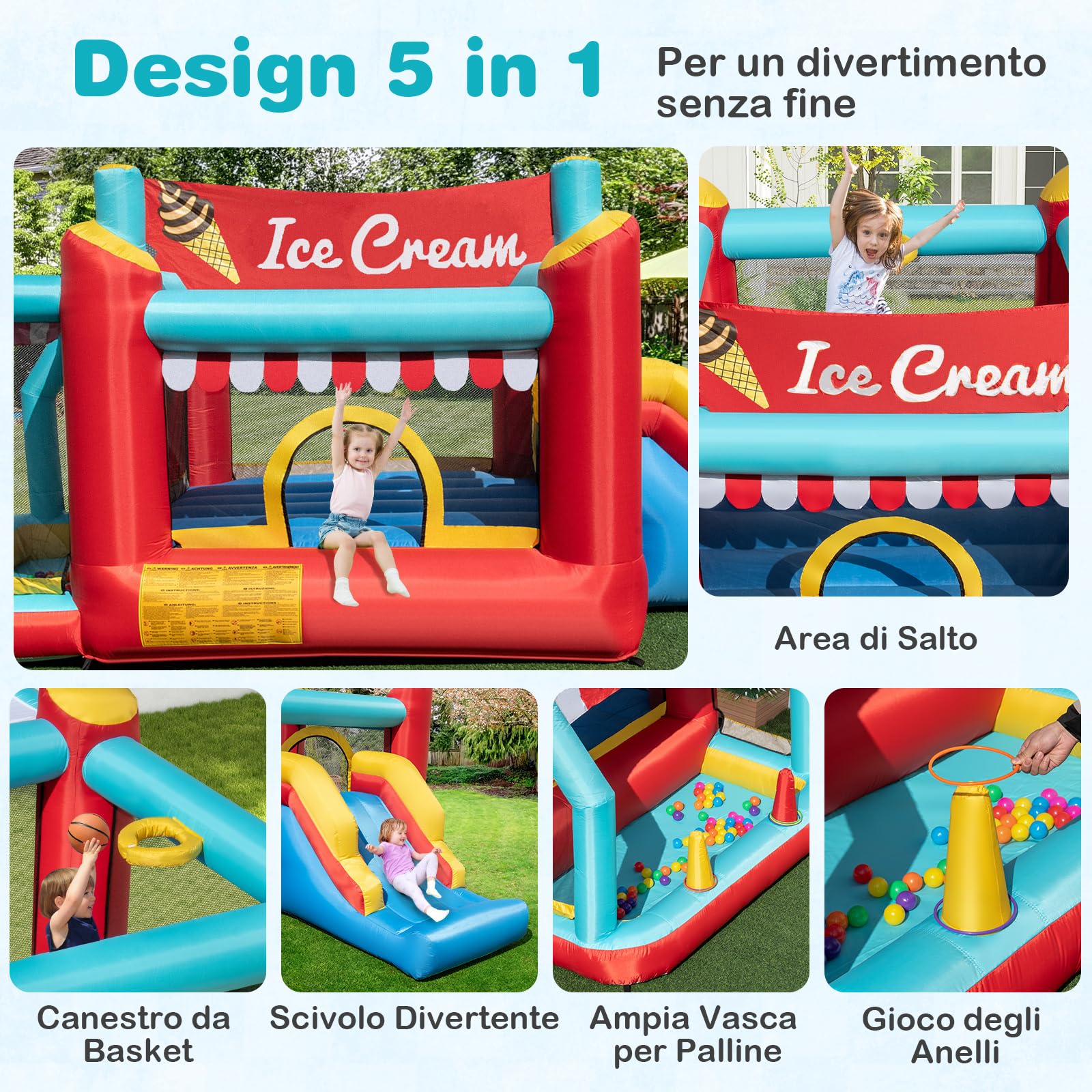 COSTWAY Castello Gonfiabile 5 in 1 per Bambini di Tema Gelato, Castello Gonfiabile con Scivolo, Canestro, Trampolino e Vasca, Gioco Gonfiabile con Anelli e Palline per Interno ed Esterno