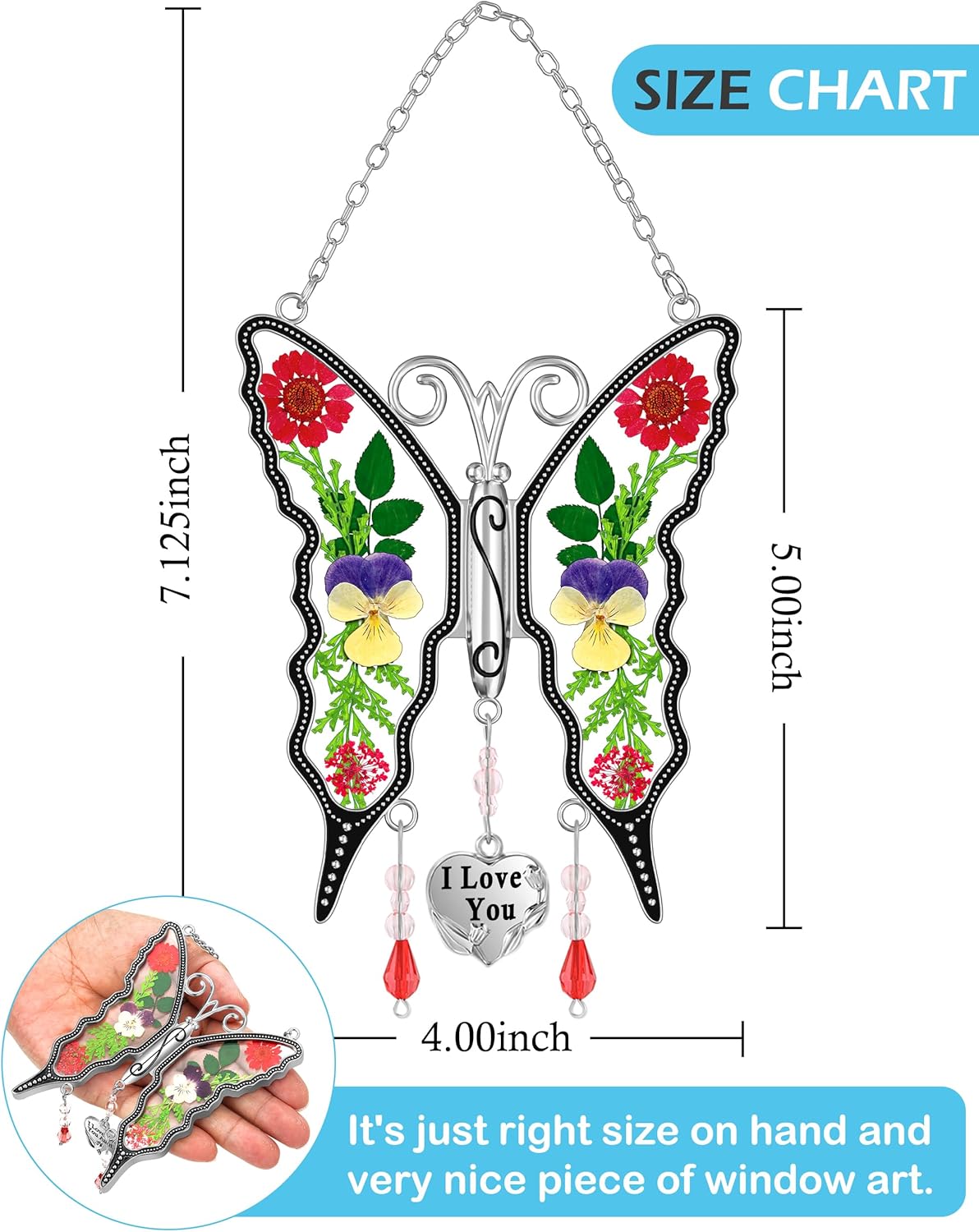 KY&BOSAM Butterfly Suncatcher I Love You Stained Glass Window Hanging Wind Chime Ornament with Pressed Dried Flowers Wings and Metal Heart Charm for Mom Mothers Day Valentines Birthday Christmas