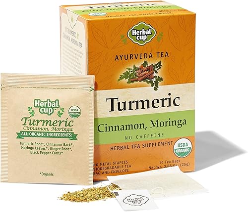 Herbal Cup Té de cúrcuma Ayurveda, moringa orgánica de canela, suplemento de hierbas sin cafeína (16 unidades, paquete de 1)
