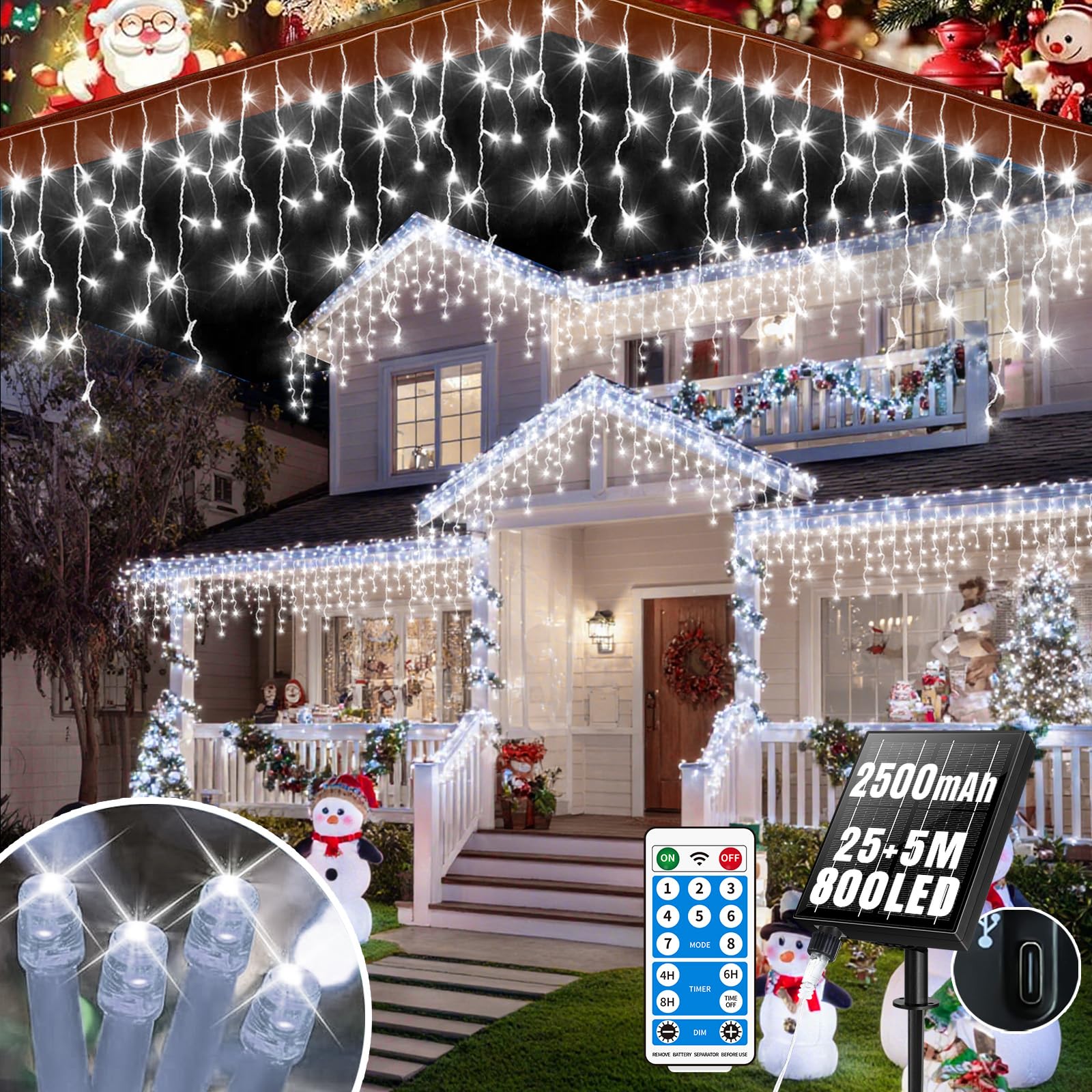 RJEDL 2500mAh Solari Luci di Natale da Esterno,25+5M 800LED Impermeabile Luci Natalizie da Cascata,Con 8 Modalità &Timer e Memoria Luci di Natale da Esterno per Balcone Finestra Casa Ringhiera