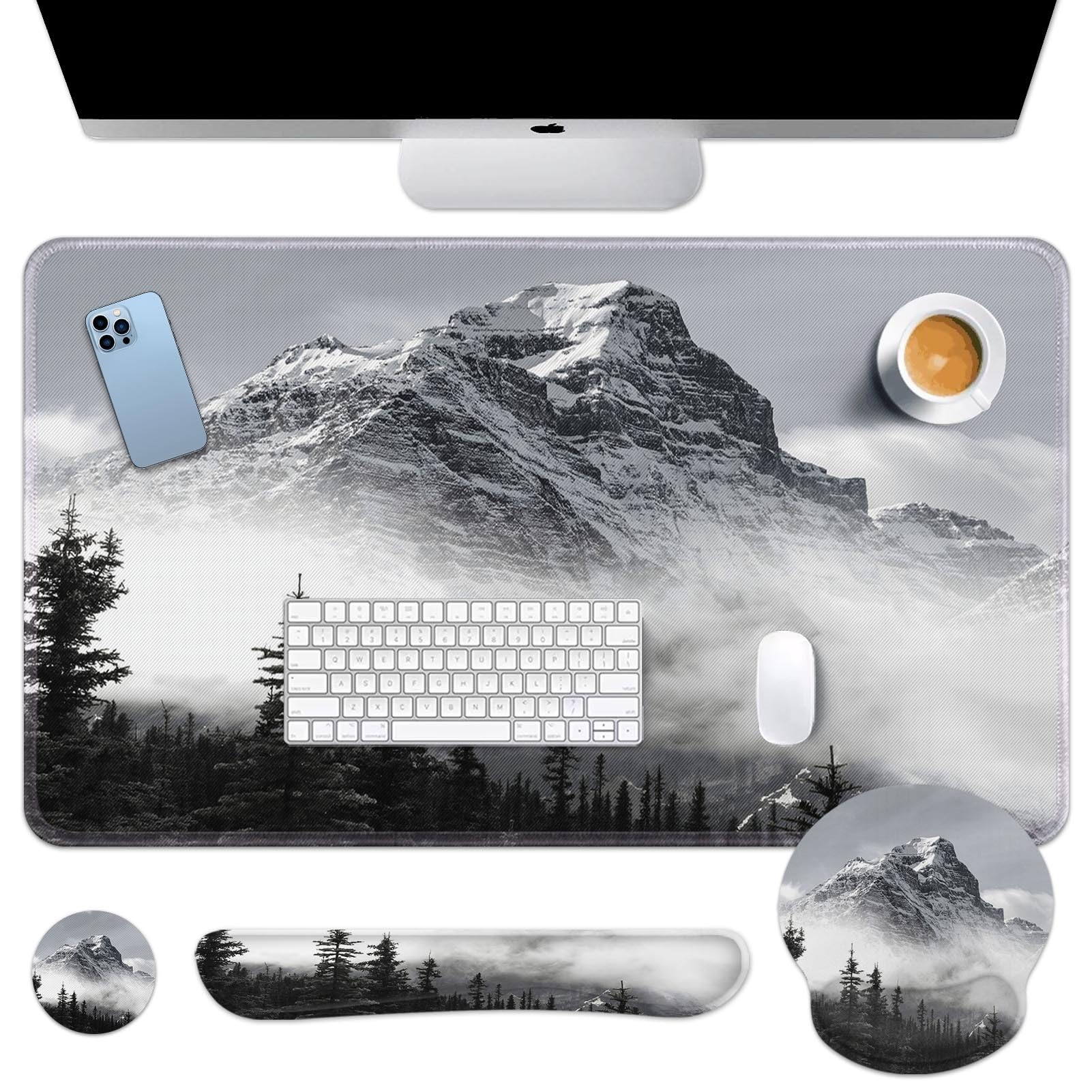 Arttown Mountain Forest Desk Mat Gray Mouse Pad Set 4 in 1 Tree Mist Cloud Ergonomic Design Large Desk Pad + Keyboard Wrist Rest + Mouse Wrist Rest +