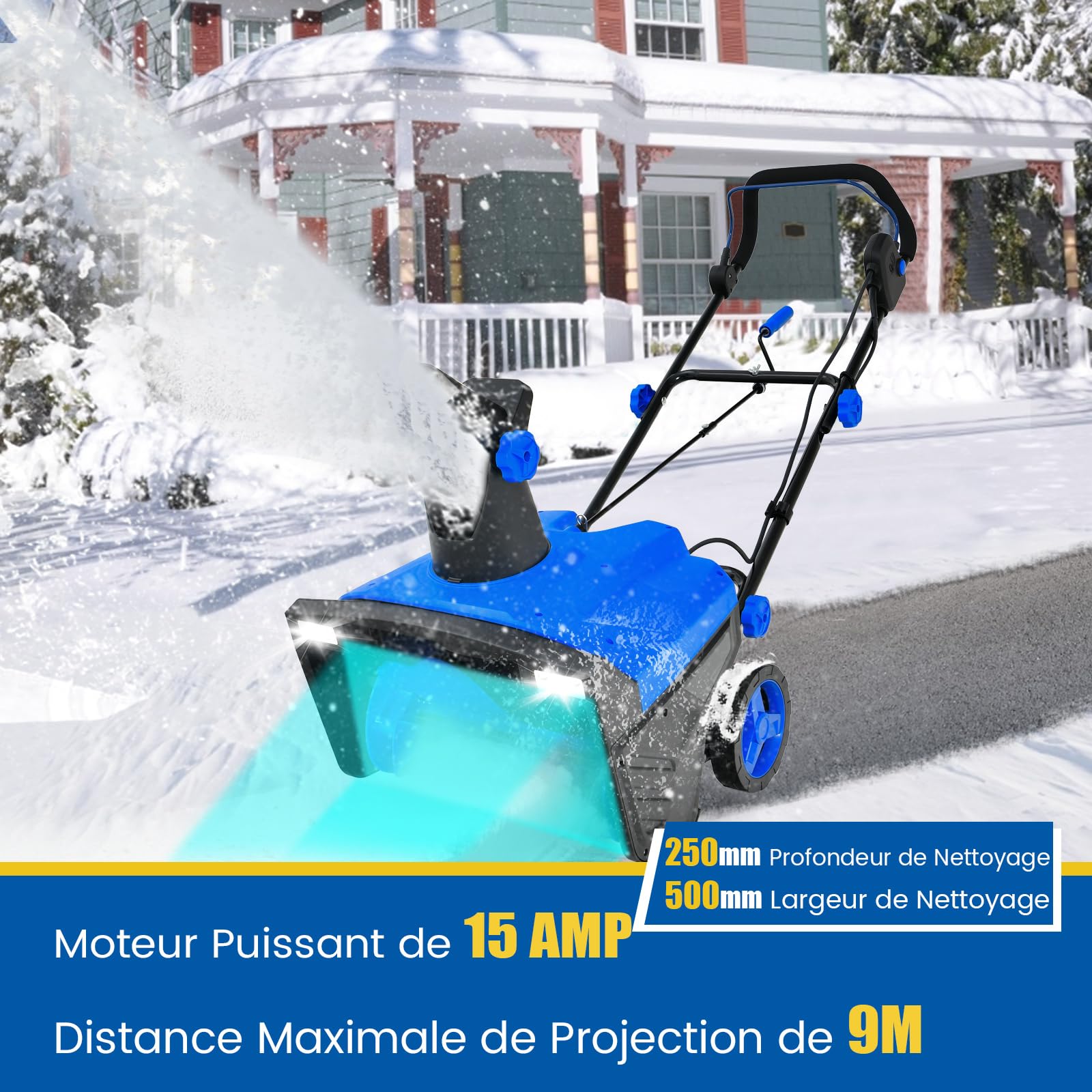 GOPLUS Souffleuse à Neige Électrique 2300 W, Largeur 50 cm, Déneigeuse Filaire avec Projection 9 m & LED, Chasse-Neige Puissant pour Jardins, Trottoirs (Bleu)