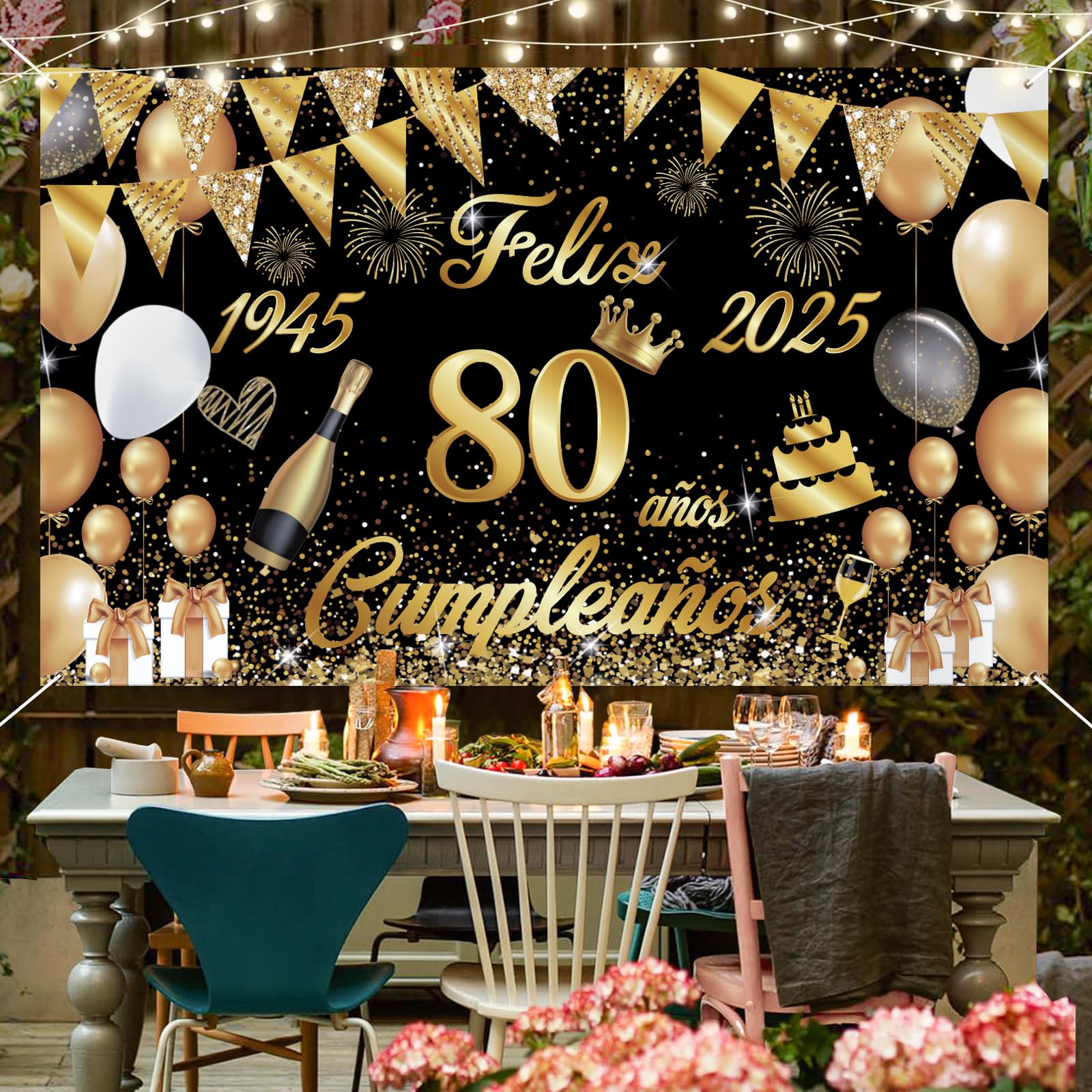 Banner Festa Per 80 Anni 1945-2025 – Decorazioni Compleanno Oro E Nero 180x110 Cm Con Festone