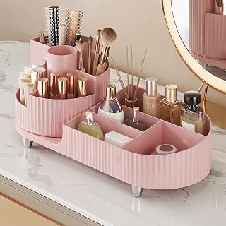 Booklov Rotating Makeup Organizer for Vanity Countertop, Pink | Plastic Cosmetic Display Case, Large Beauty Brush Holder for Bathroom Counter, Skin Care Perfume