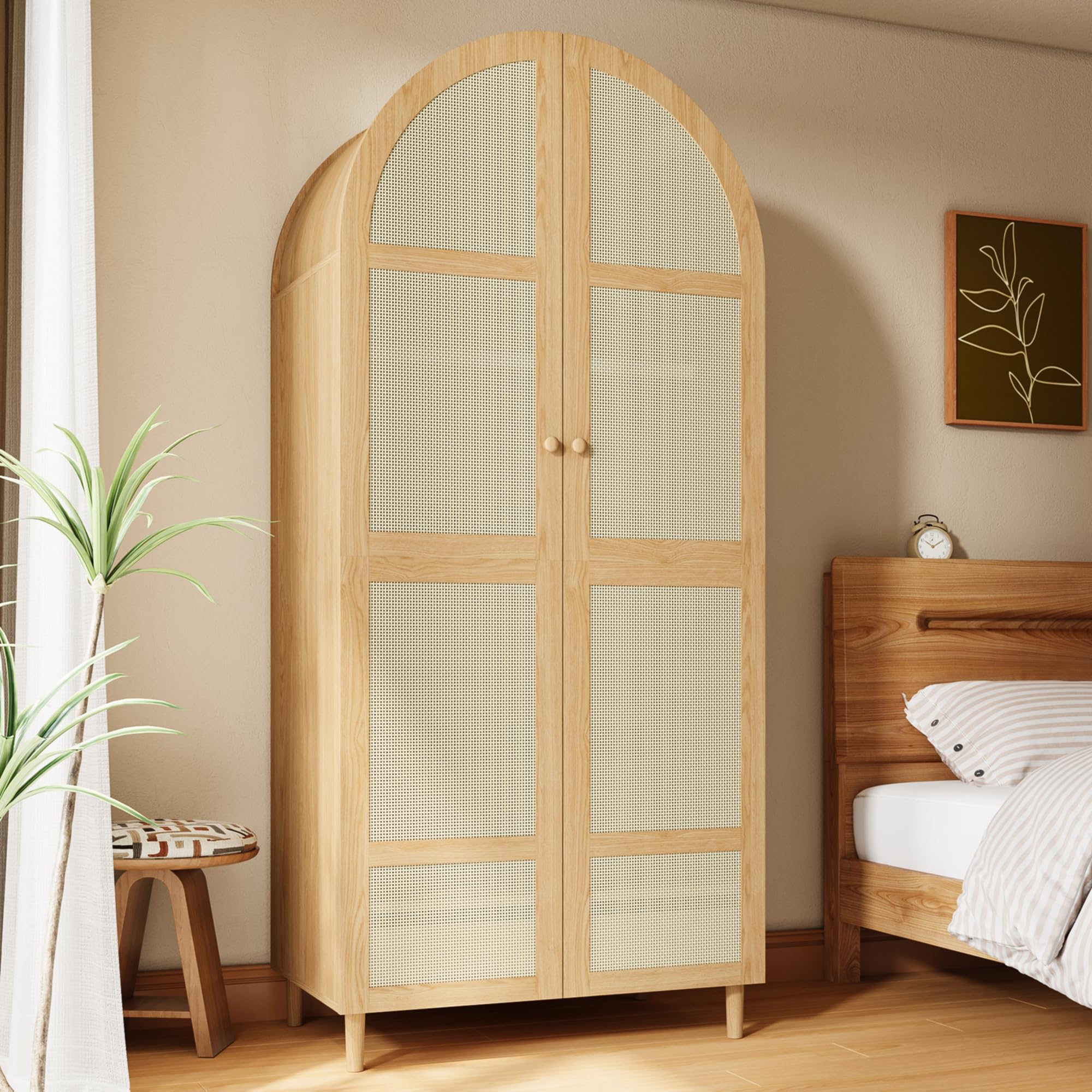 REXO Armadio moderno con ante curve, ampio spazio di archiviazione, con asta appendiabiti e cassetti, lussuoso, adatto per camera da letto e ingresso, colore naturale
