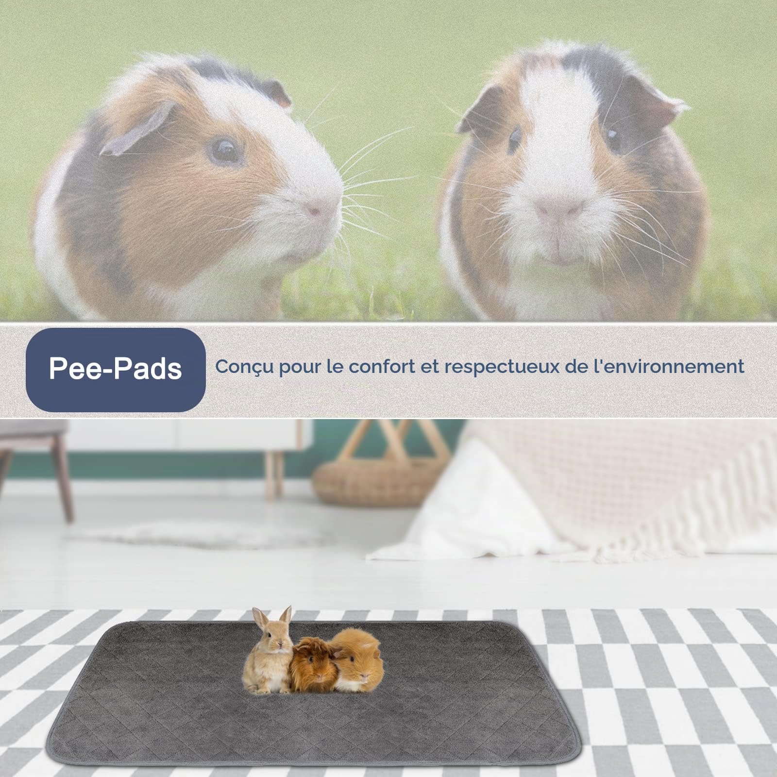 Lot de 2 Tapis Educateur pour Cochon d'Inde, Tapis 4 Couches Lavable Etanche Douce/Super Absorbante pour Petits Animaux Lapin Nain Chinchilla Hérisson 120 * 60cm