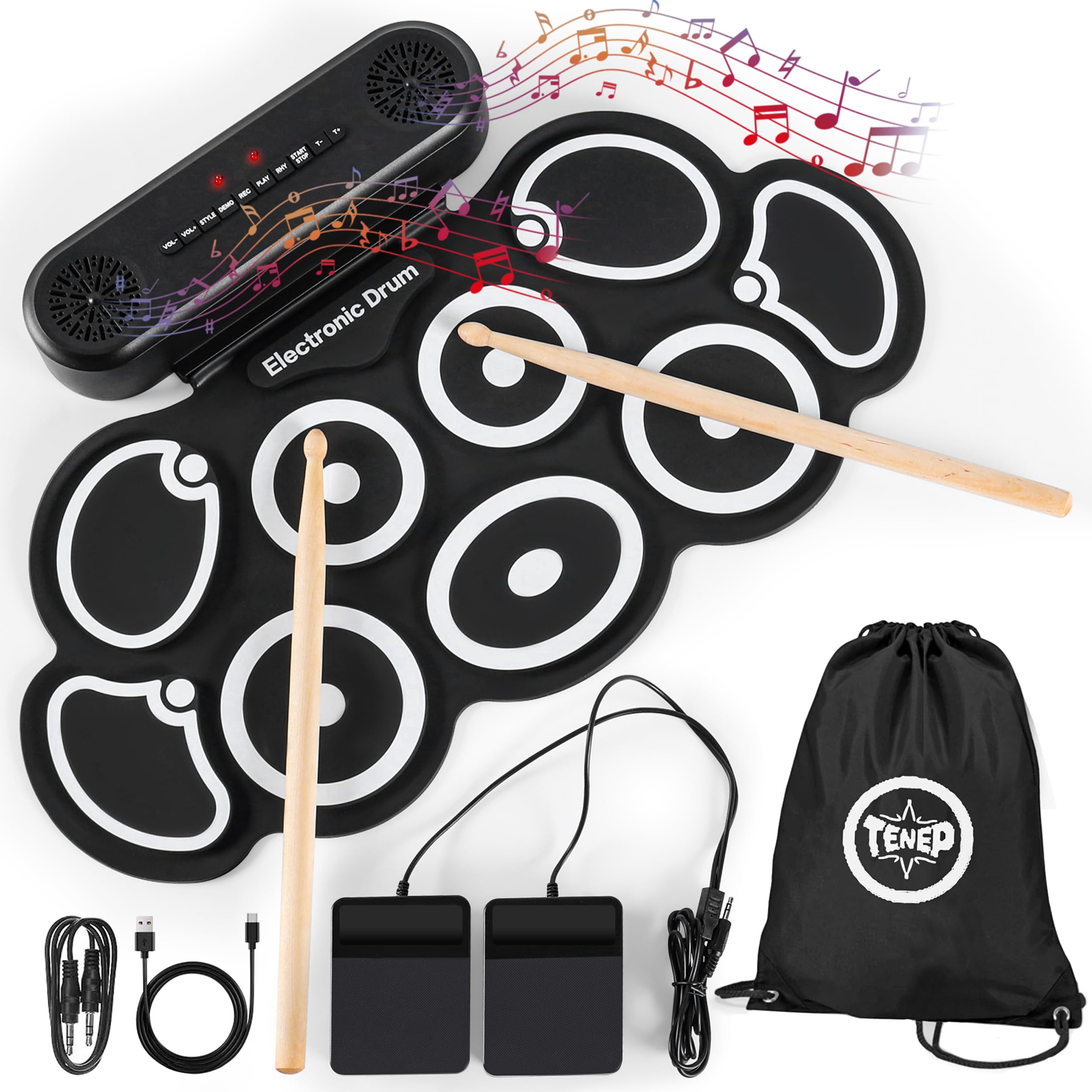 Electronic Drum Set 9 Pad, Portable Roll Up Drum Kit with USB MIDI & Bluetooth, Built-in Speakers, Foot Pedals, Rechargeable Battery, Compact Practice Drum Pad for Beginners & Adult Musicians