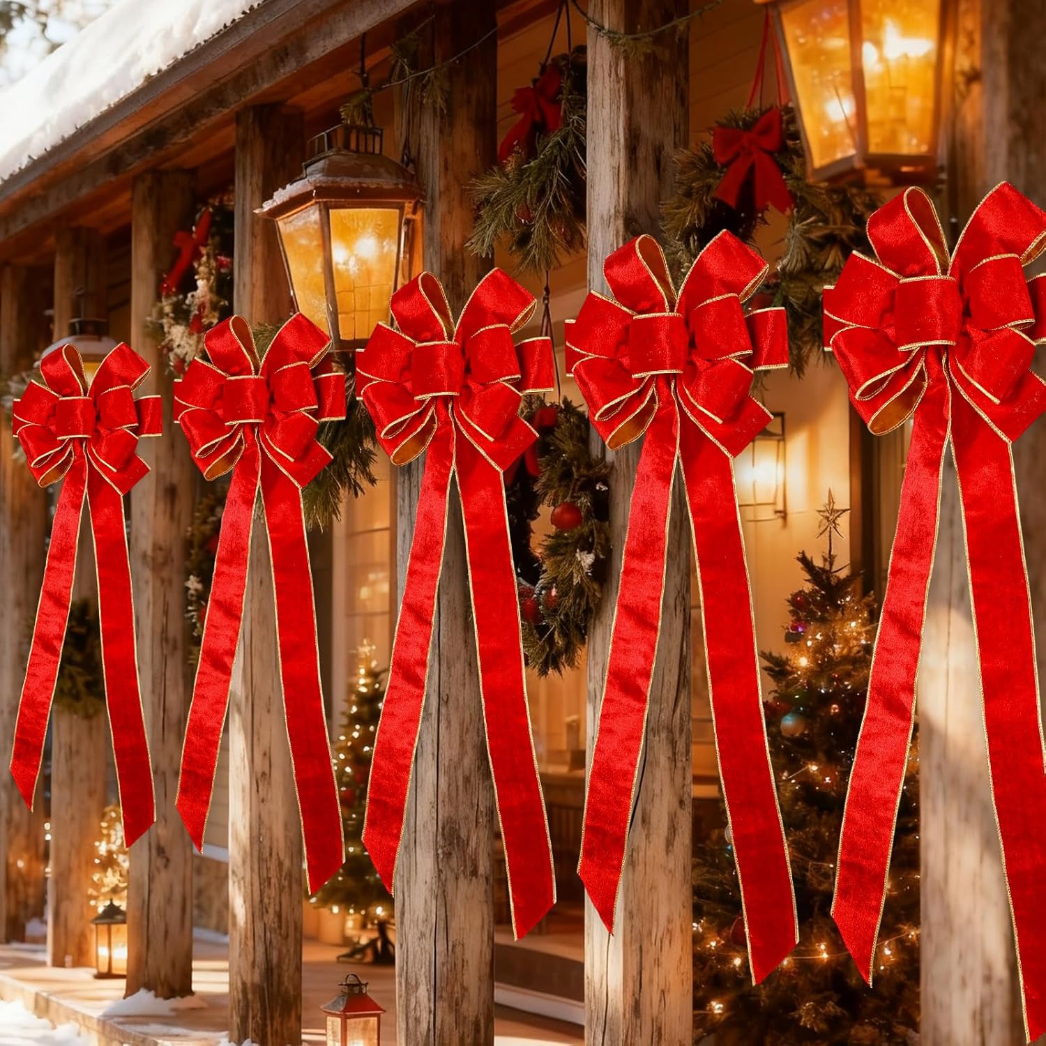 AceOrbit 8 Pcs Extra-Large Red Velvet Christmas Bows for Front Porch Outdoor Xmas Tree Topper Bows Waterproof Golden Edged Looped Big Wreath for Indoor Window Pillar Decor (10.6''x30.7'',Chic Style)