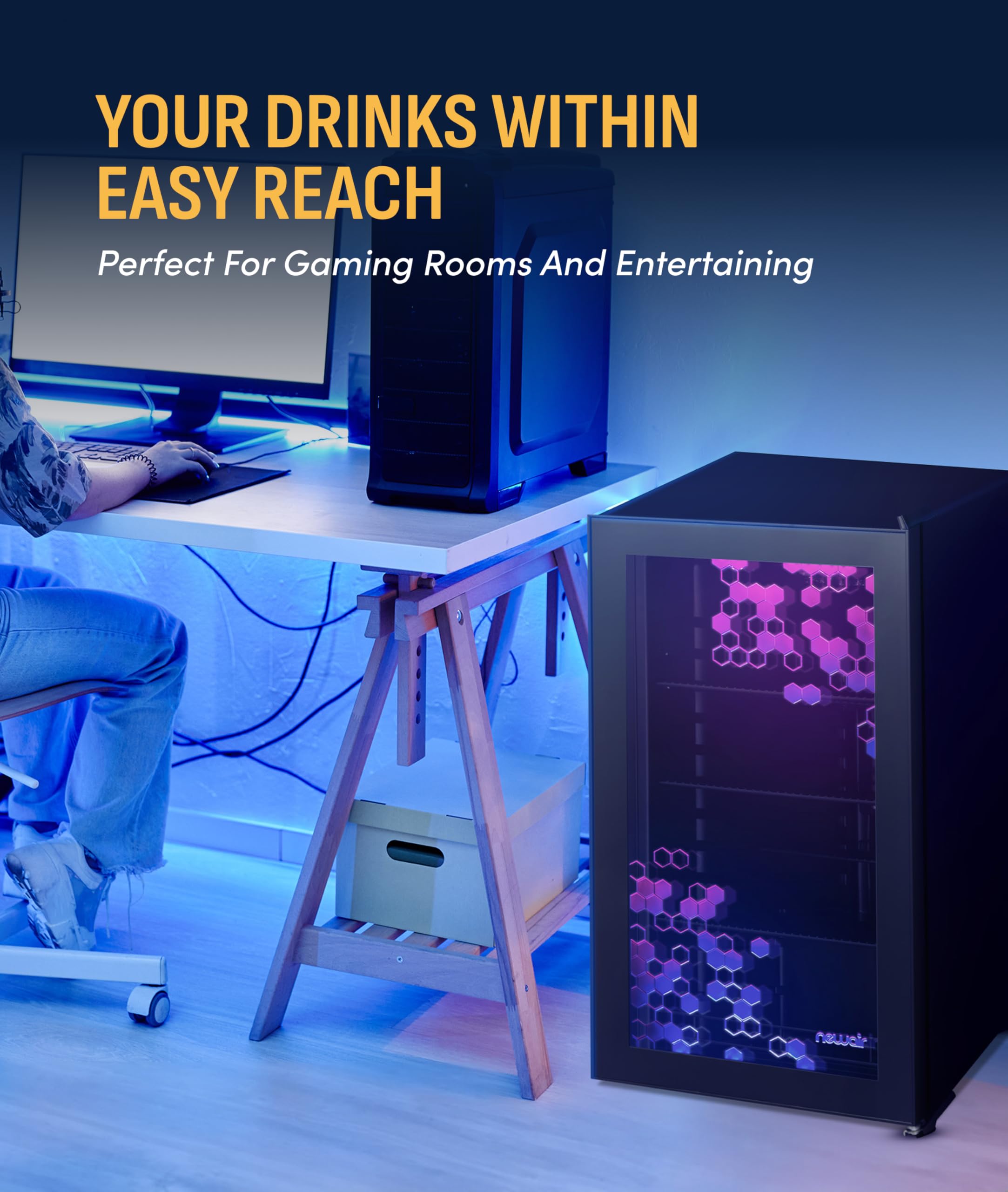 NewAir 85 Can Beverage Refrigerator With Hexacolor LED Lights | Small Mini Fridge For Bedroom, Gaming Room, Or Office | Remote Controlled Lighting & Quiet Cooling on Fridge.com - View 3