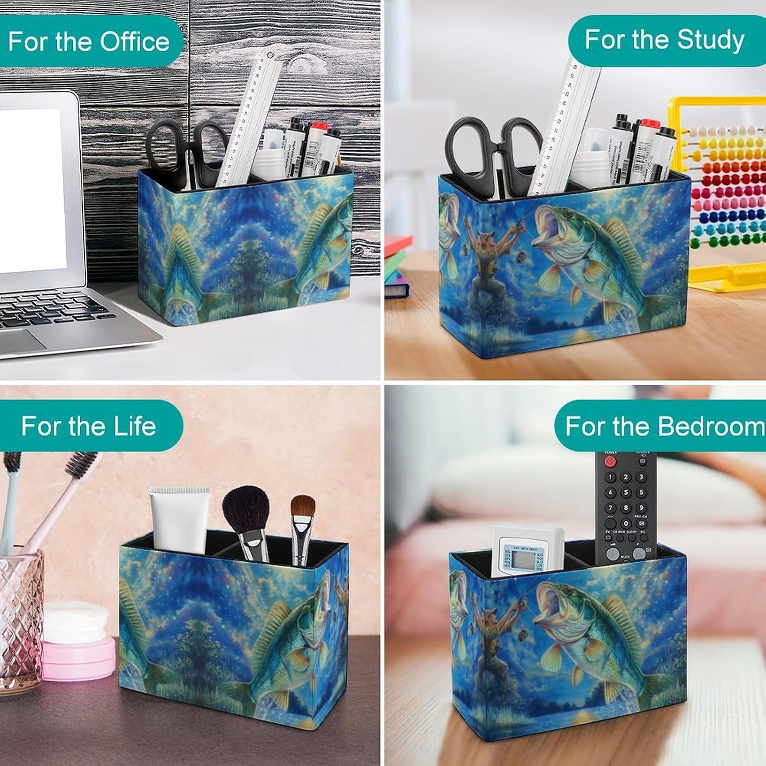 Bass Fishing Pencil Pen Holder PU Leather Desk Storage Organizer Makeup Brush Box