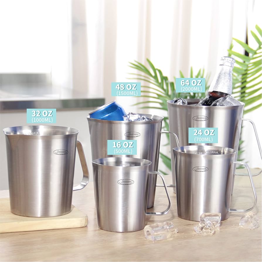 Misurino In Acciaio Inox Da 2000 Ml: Con Scale Ml, Once E Tazze, Infrangibile, Manico Comodo